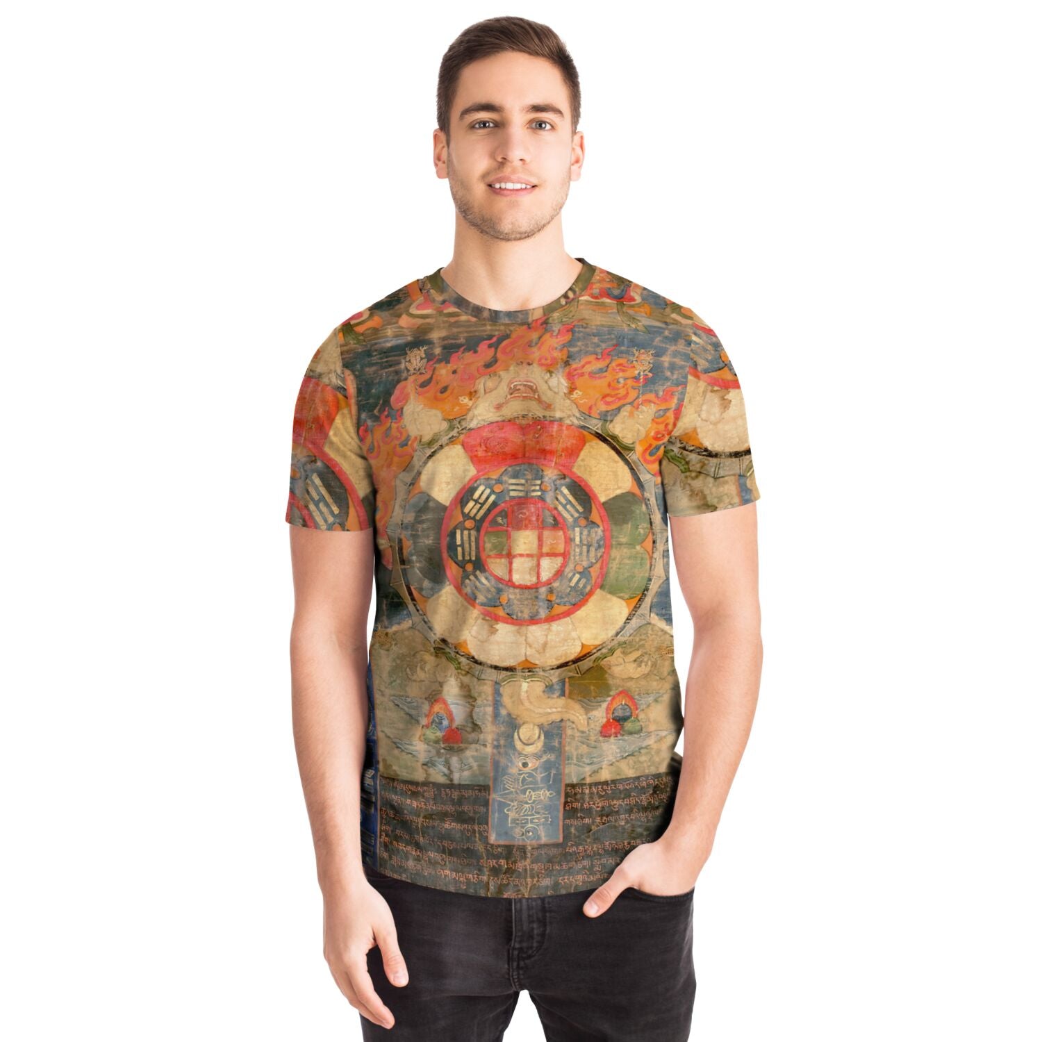 Tibetan Talisman & Sacred Relics | Mystical Mantras w Protection Symbols | Esoteric Astrology Thangka All-Over-Print Tshirt