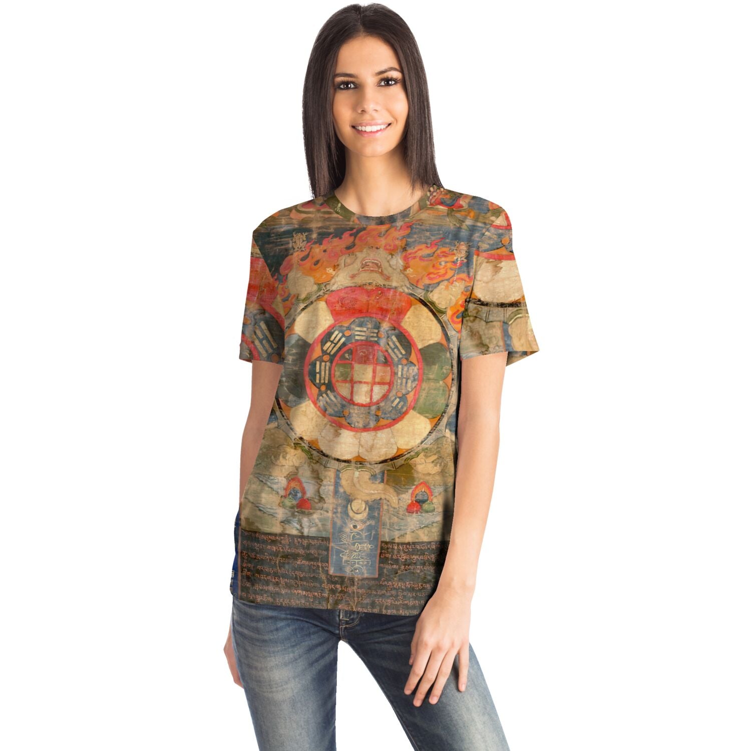 Tibetan Talisman & Sacred Relics | Mystical Mantras w Protection Symbols | Esoteric Astrology Thangka All-Over-Print Tshirt