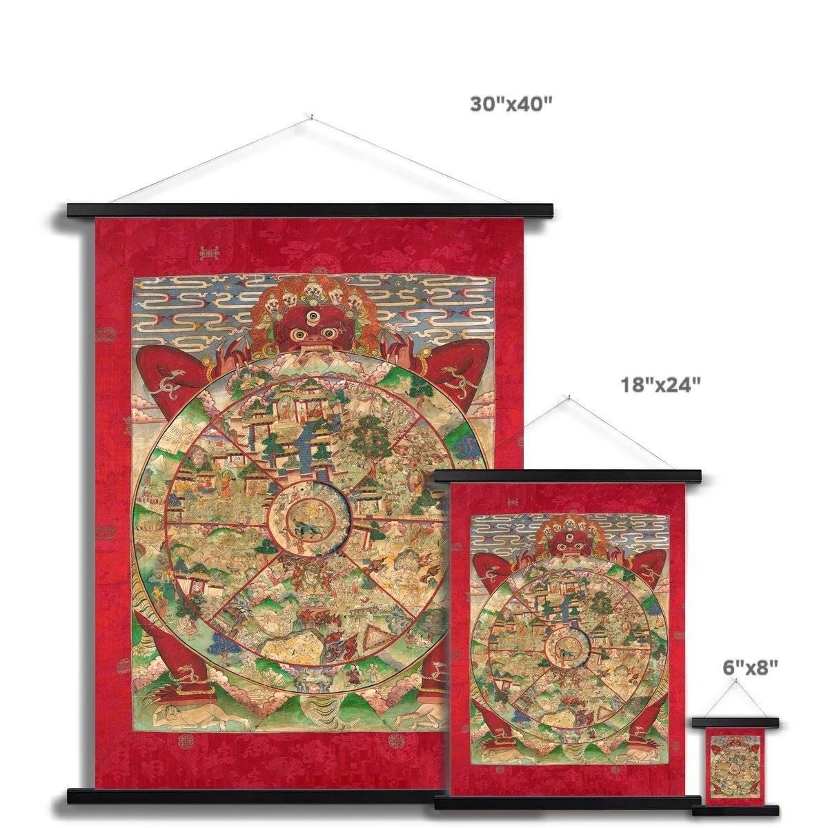 Bhavacakra Mandala (The Wheel of Life) Antique Tibetan Yantra Tantra Deity Buddhist Fine Art Print with Thangka-Style Hanger