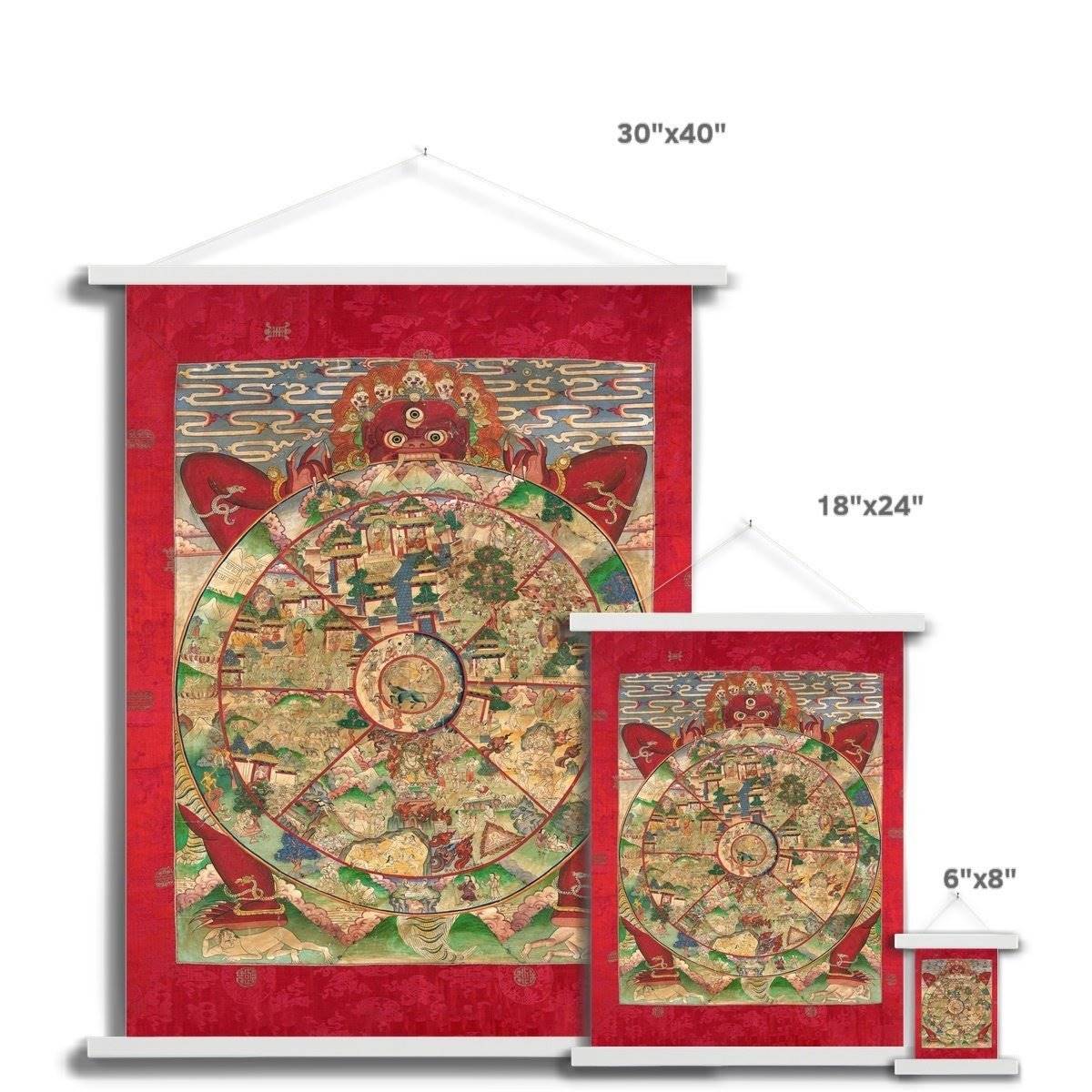 Bhavacakra Mandala (The Wheel of Life) Antique Tibetan Yantra Tantra Deity Buddhist Fine Art Print with Thangka-Style Hanger