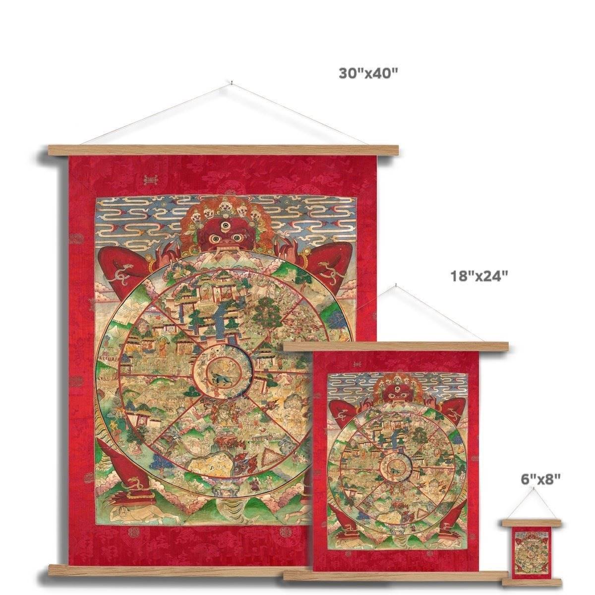 Bhavacakra Mandala (The Wheel of Life) Antique Tibetan Yantra Tantra Deity Buddhist Fine Art Print with Thangka-Style Hanger