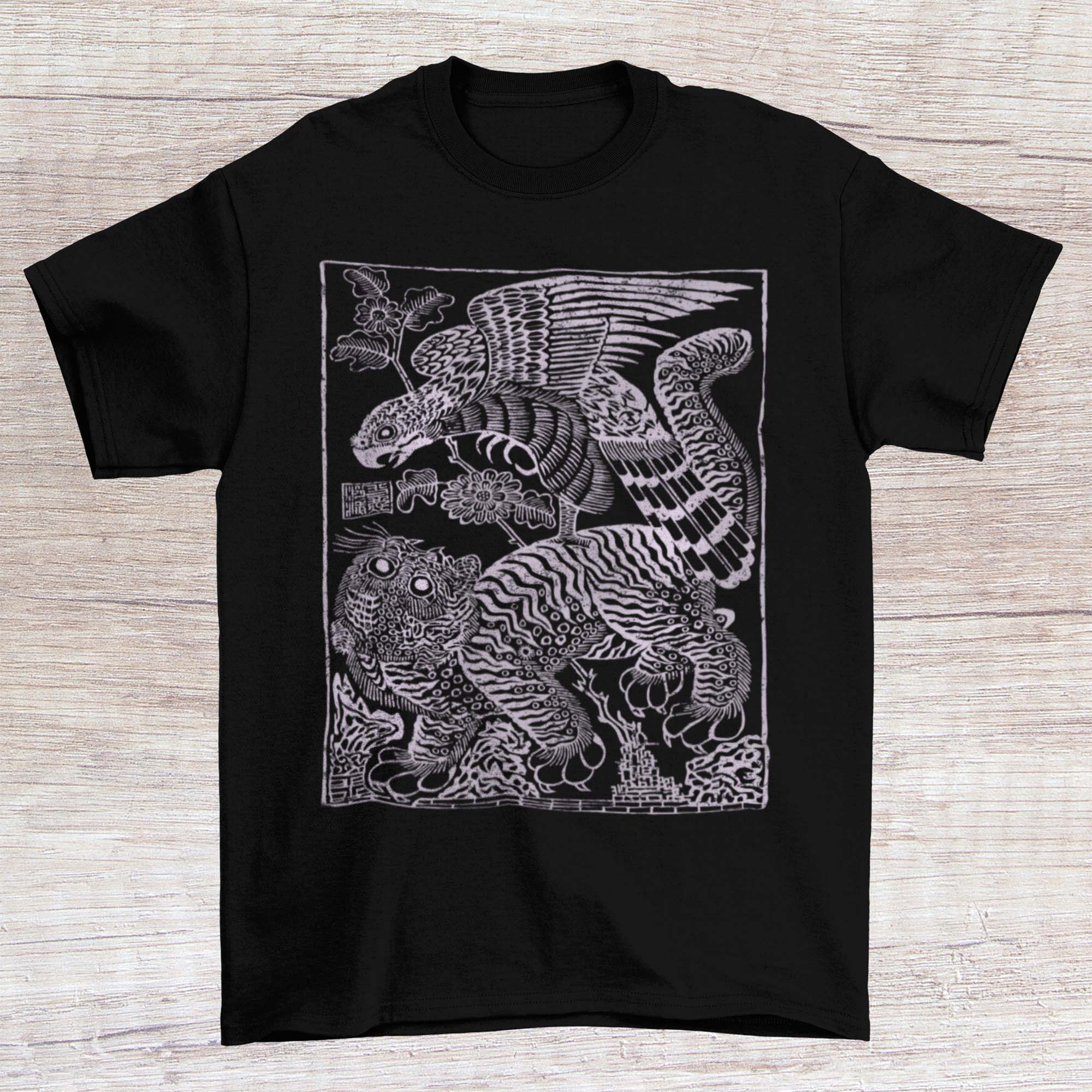 Hawk Attacks Tiger | Traditional Korean Minhwa Folk, Wood Cut Print | Asian Mythology Graphic Art T-Shirt