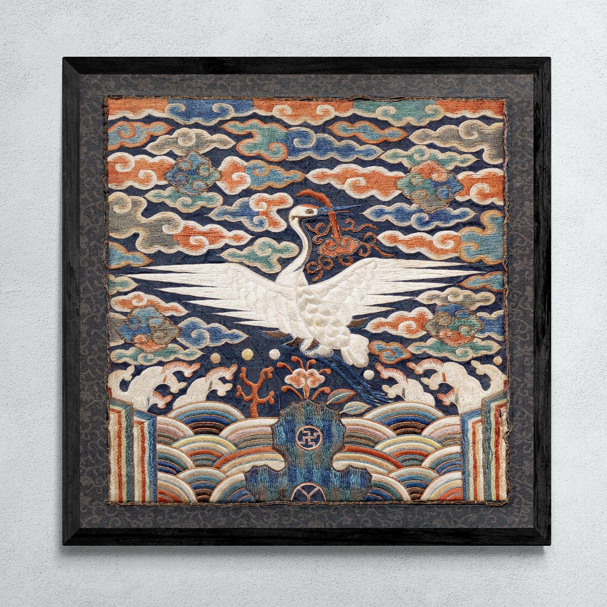 Blue Crane Qing Imperial Dynasty Rank Badge | Silk Embroidery Chinese Textile Art | Longevity and Wisdom Giclée Fine Art Print