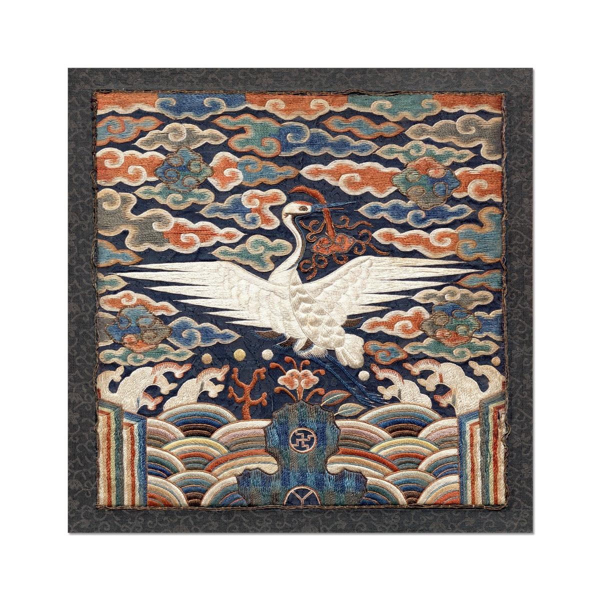 Blue Crane Qing Imperial Dynasty Rank Badge | Silk Embroidery Chinese Textile Art | Longevity and Wisdom Giclée Fine Art Print