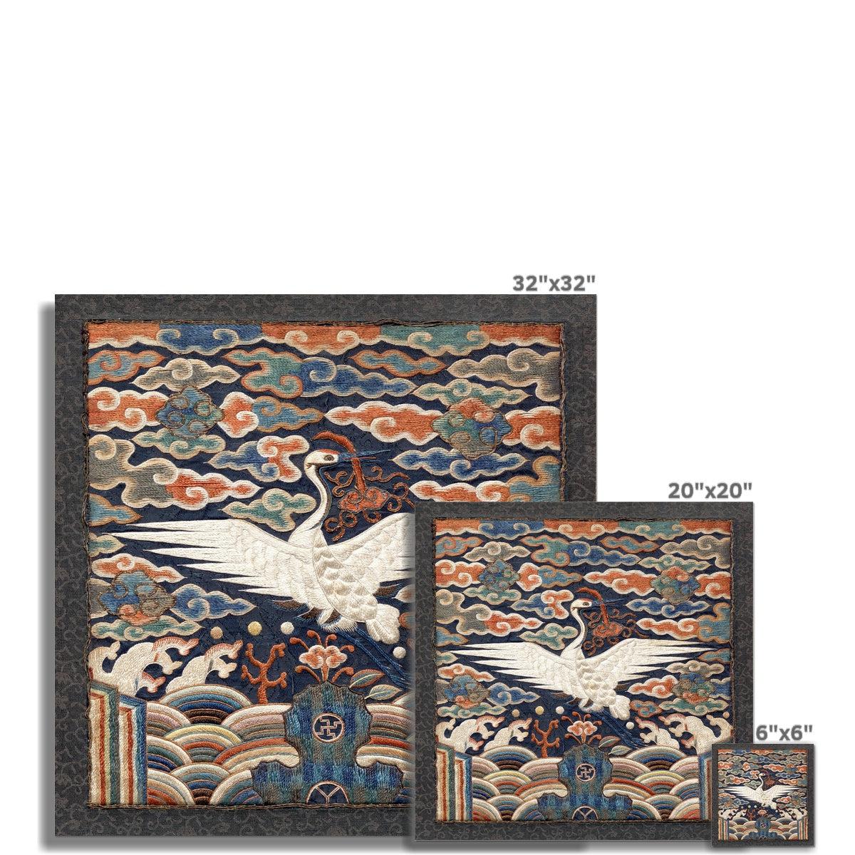 Blue Crane Qing Imperial Dynasty Rank Badge | Silk Embroidery Chinese Textile Art | Longevity and Wisdom Giclée Fine Art Print