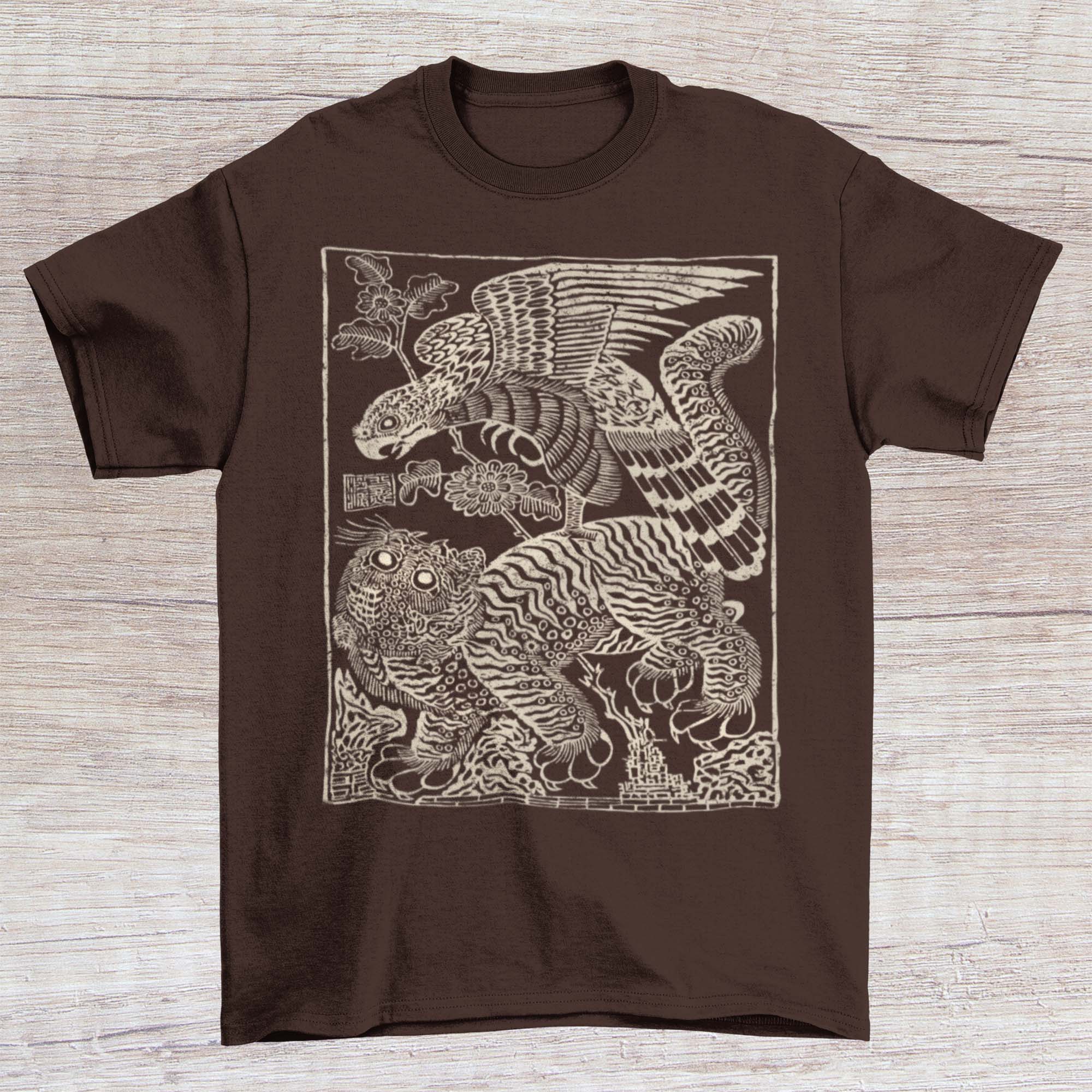 Hawk Attacks Tiger | Traditional Korean Minhwa Folk, Wood Cut Print | Asian Mythology Graphic Art T-Shirt