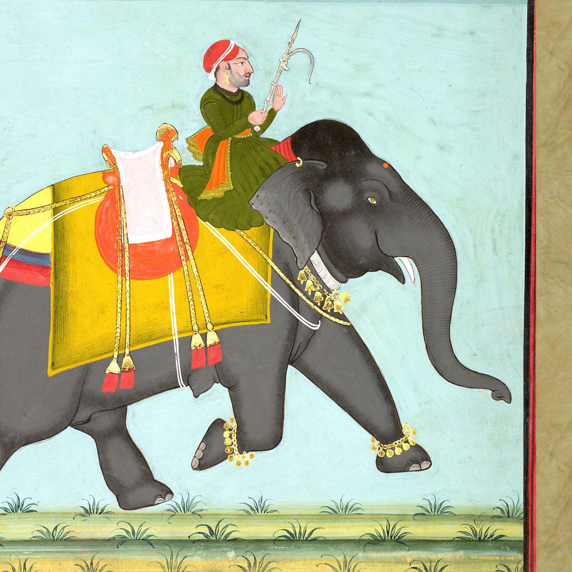 Caparisoned Indian Elephant with Mahout | Mewar School of Rajasthan Wall Art | Vintage Antique Gold and Silver Framed Print