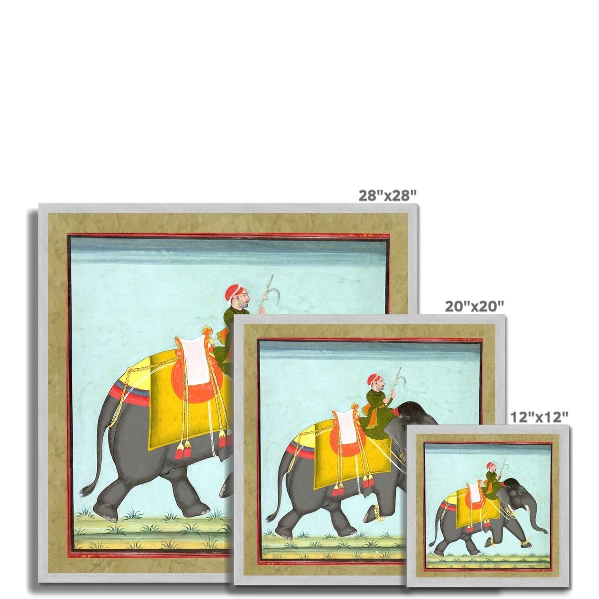 Caparisoned Indian Elephant with Mahout | Mewar School of Rajasthan Wall Art | Vintage Antique Gold and Silver Framed Print