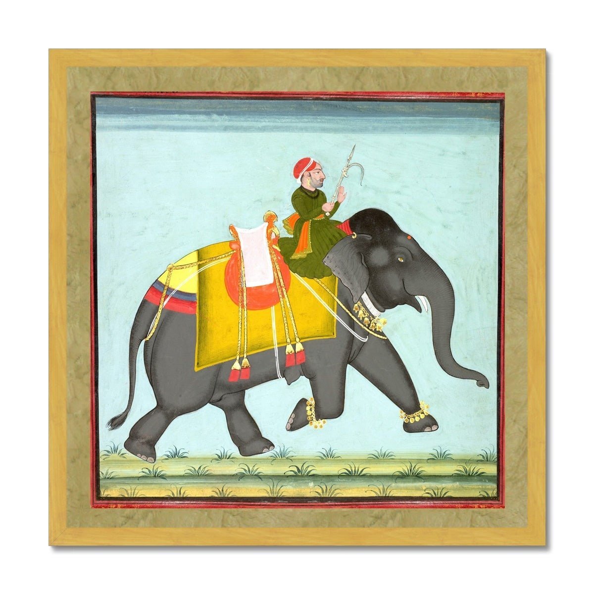 Caparisoned Indian Elephant with Mahout | Mewar School of Rajasthan Wall Art | Vintage Antique Gold and Silver Framed Print