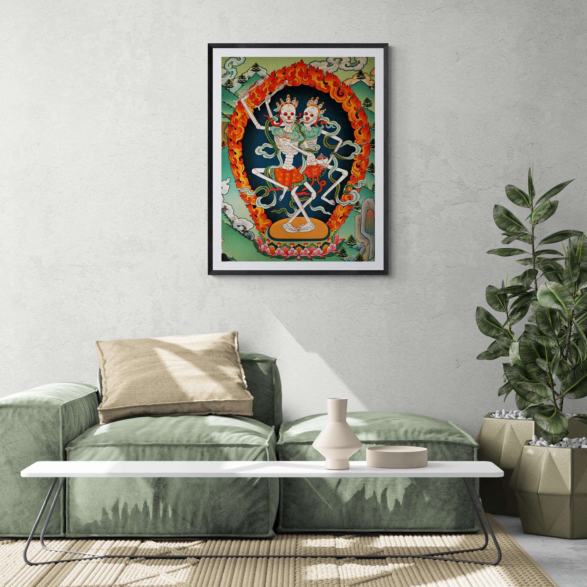 Citipati, Tibetan Protector, Thangka, Skeleton Lord and Lady of the Cemetery Nepal Buddhist Decor Wall Art Framed Art Print