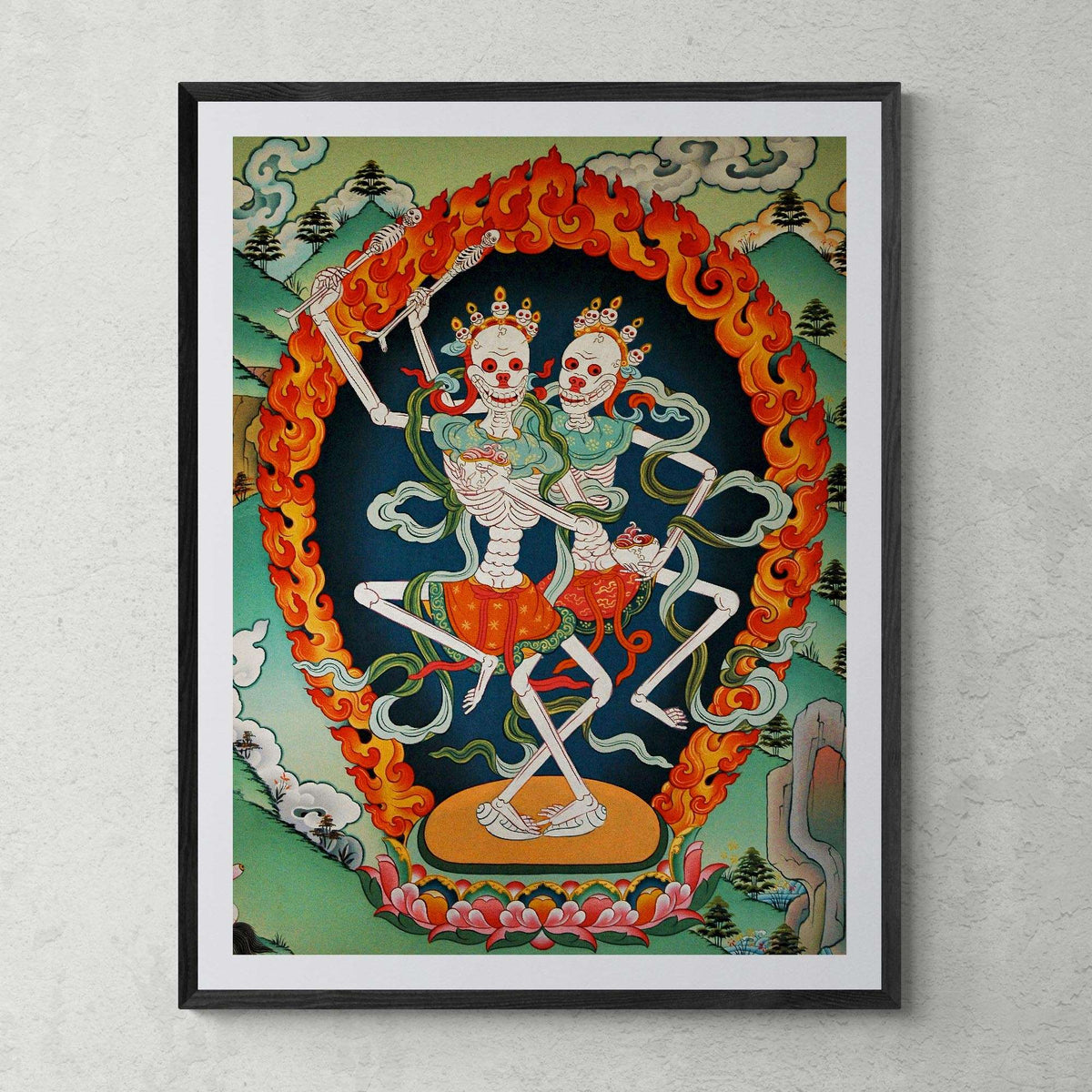 Citipati, Tibetan Protector, Thangka, Skeleton Lord and Lady of the Cemetery Nepal Buddhist Decor Wall Art Framed Art Print