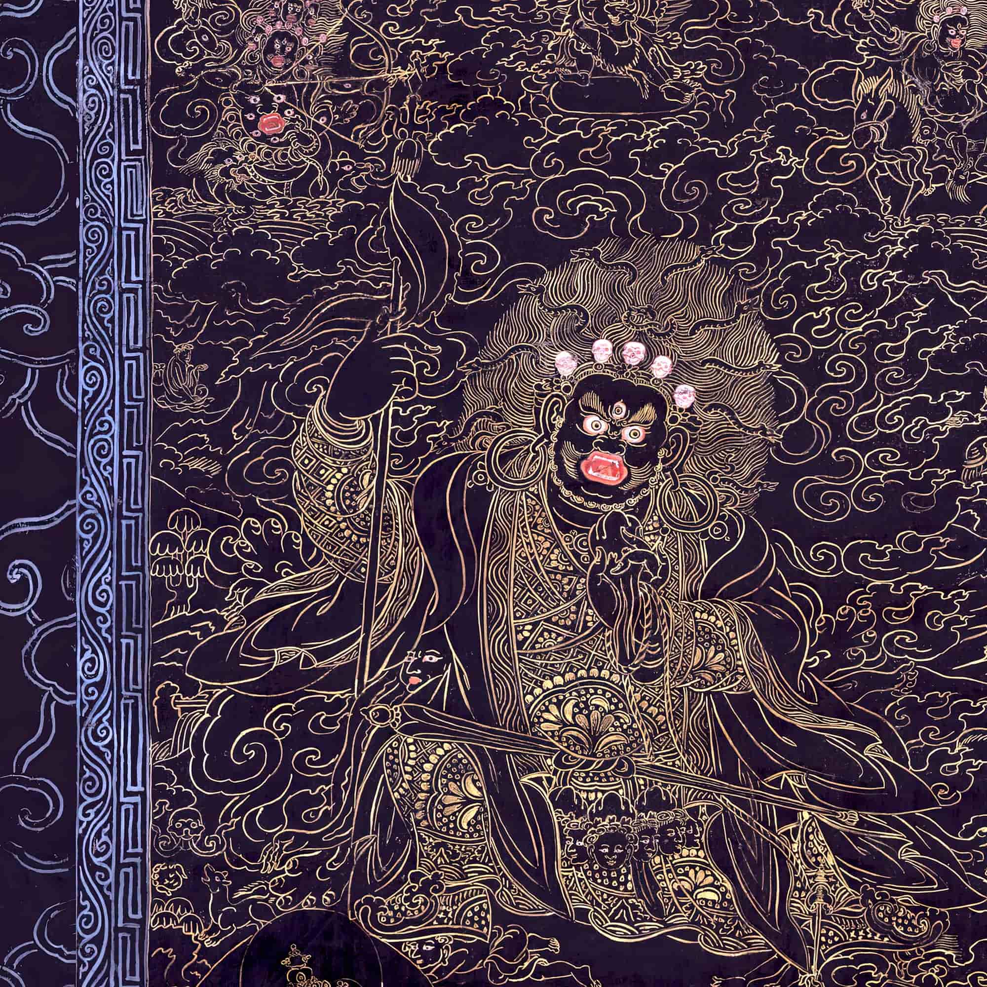 Cobalt and Gold Mahakala | Fierce Tibetan Nepal Mahayana Dharma Protector Thangka | Tantric Tantra All-Over-Print T-Shirt - Sacred Surreal