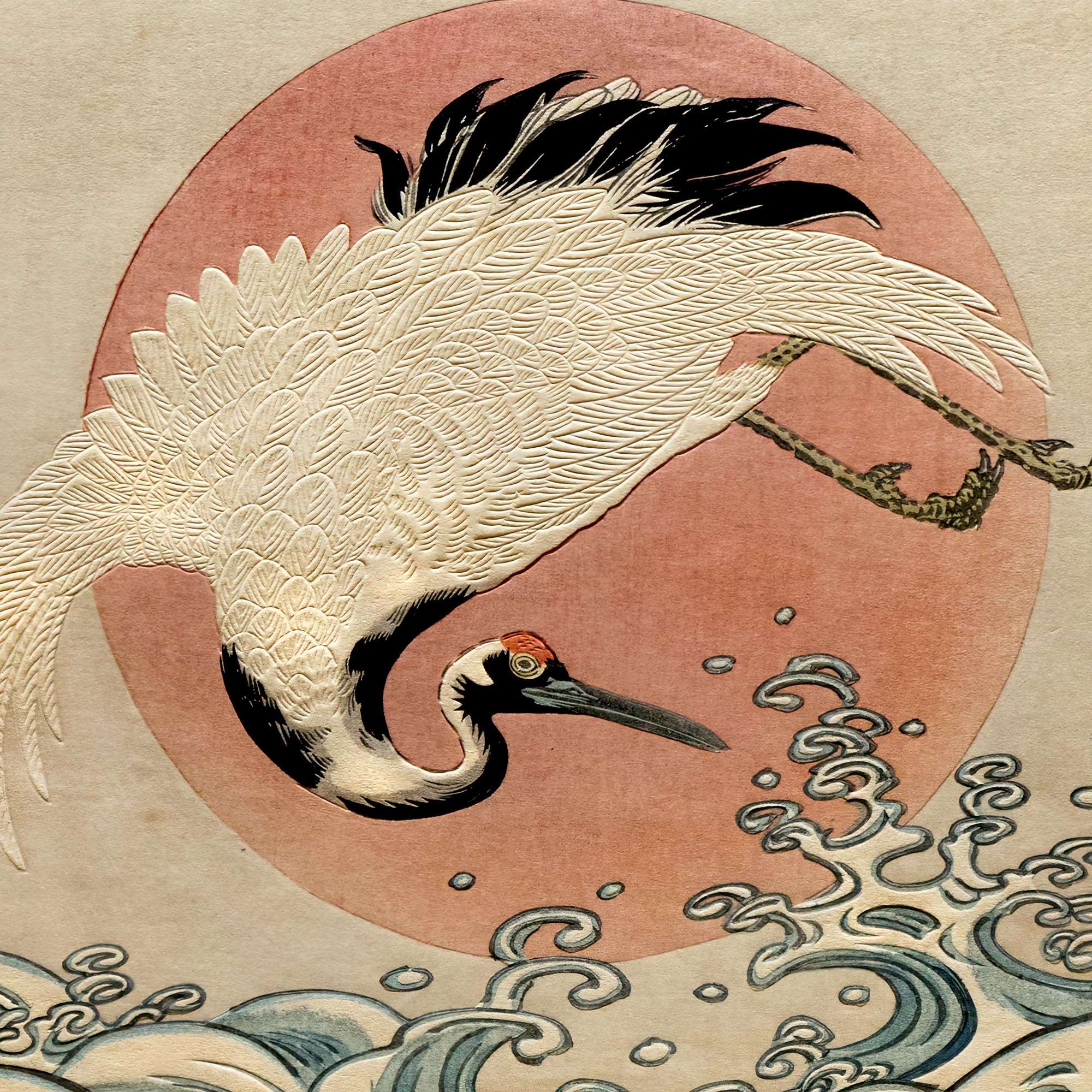 Crane, Waves and Rising Sun Japanese Edo Woodblock Vintage Bird Fine Art Print with Hanger