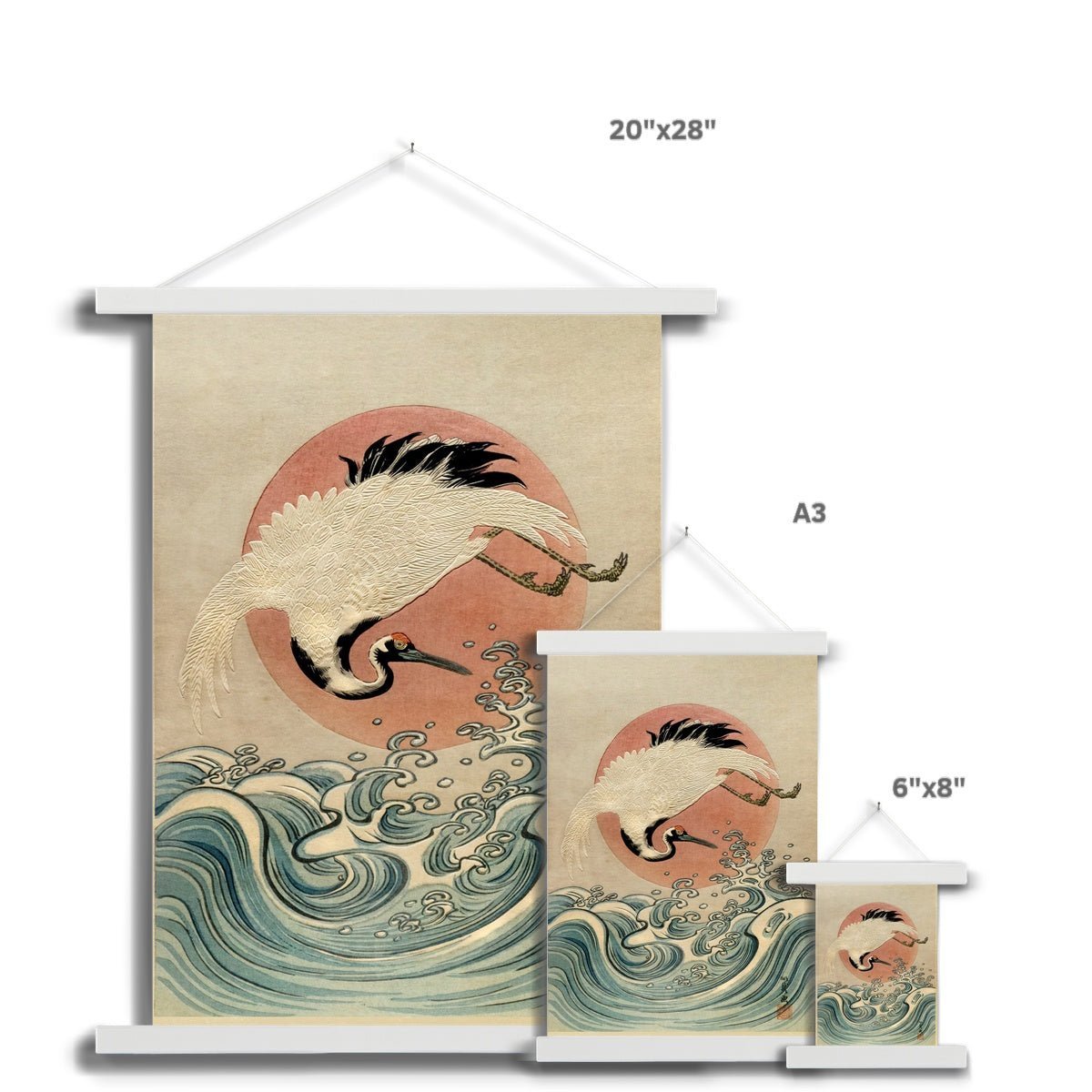 Crane, Waves and Rising Sun Japanese Edo Woodblock Vintage Bird Fine Art  Print with Hanger