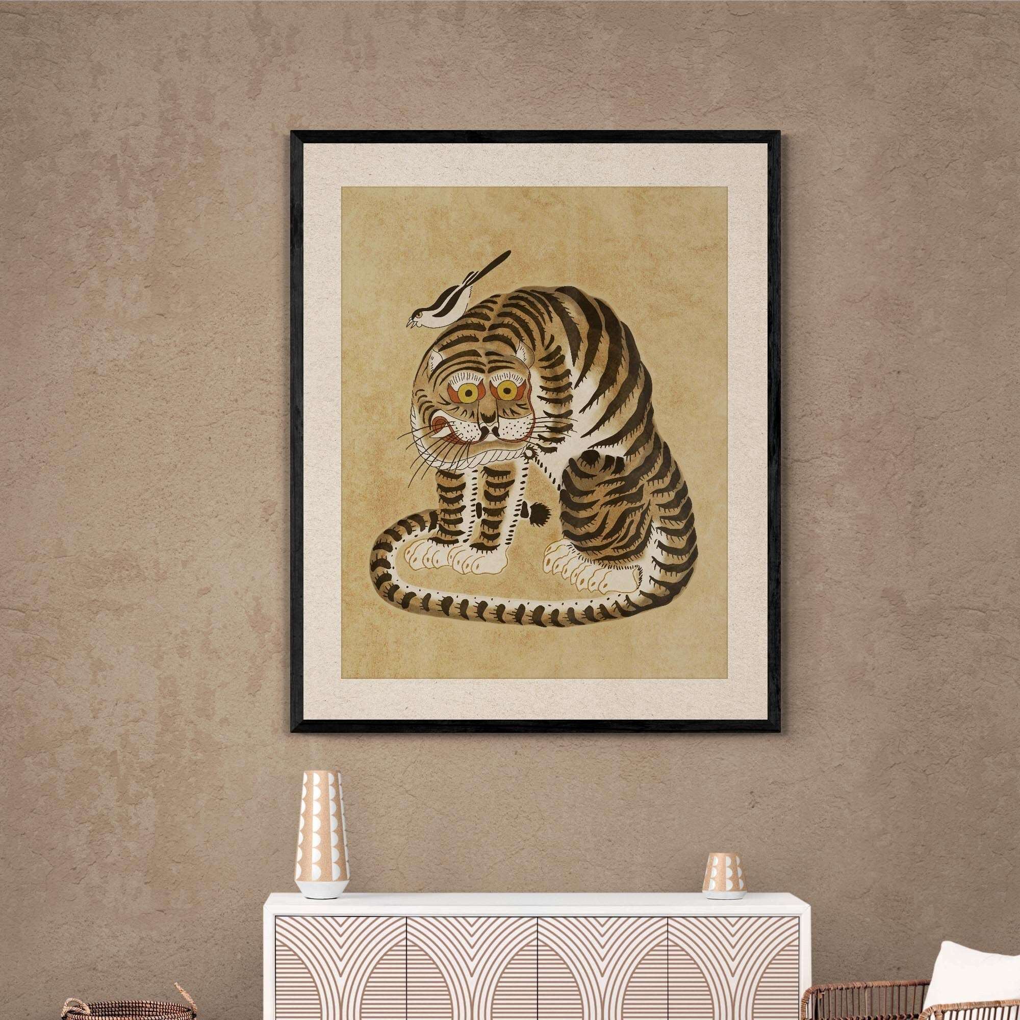 Derpy Framed Tiger and Magpie | Kawai Cute Asian Folk Art Mythology | Korean Minhwa Lion Leopard, Home Boho Decor, Fine Art Framed Print - Sacred Surreal