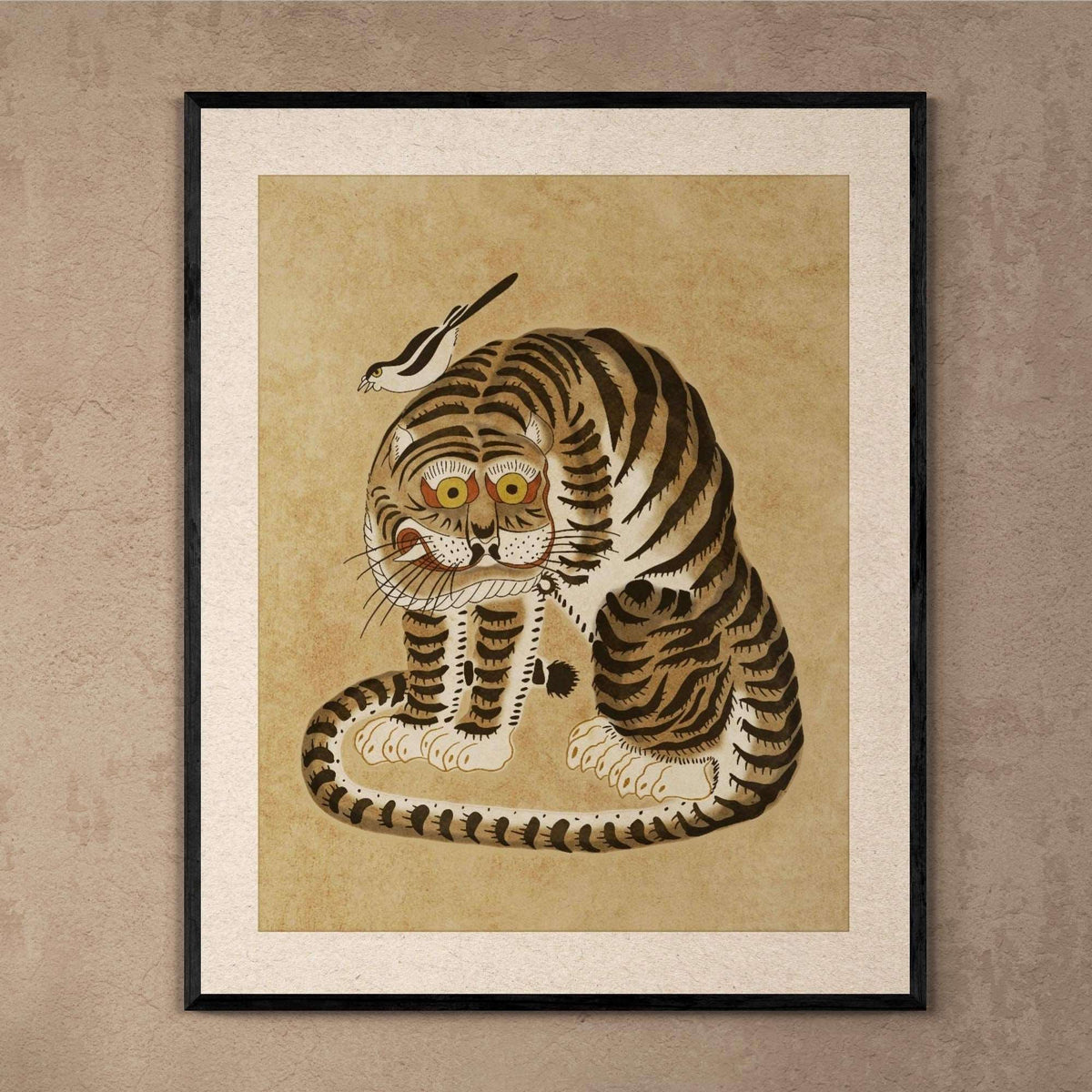 Derpy Framed Tiger and Magpie | Kawai Cute Asian Folk Art Mythology | Korean Minhwa Lion Leopard, Home Boho Decor, Fine Art Framed Print - Sacred Surreal