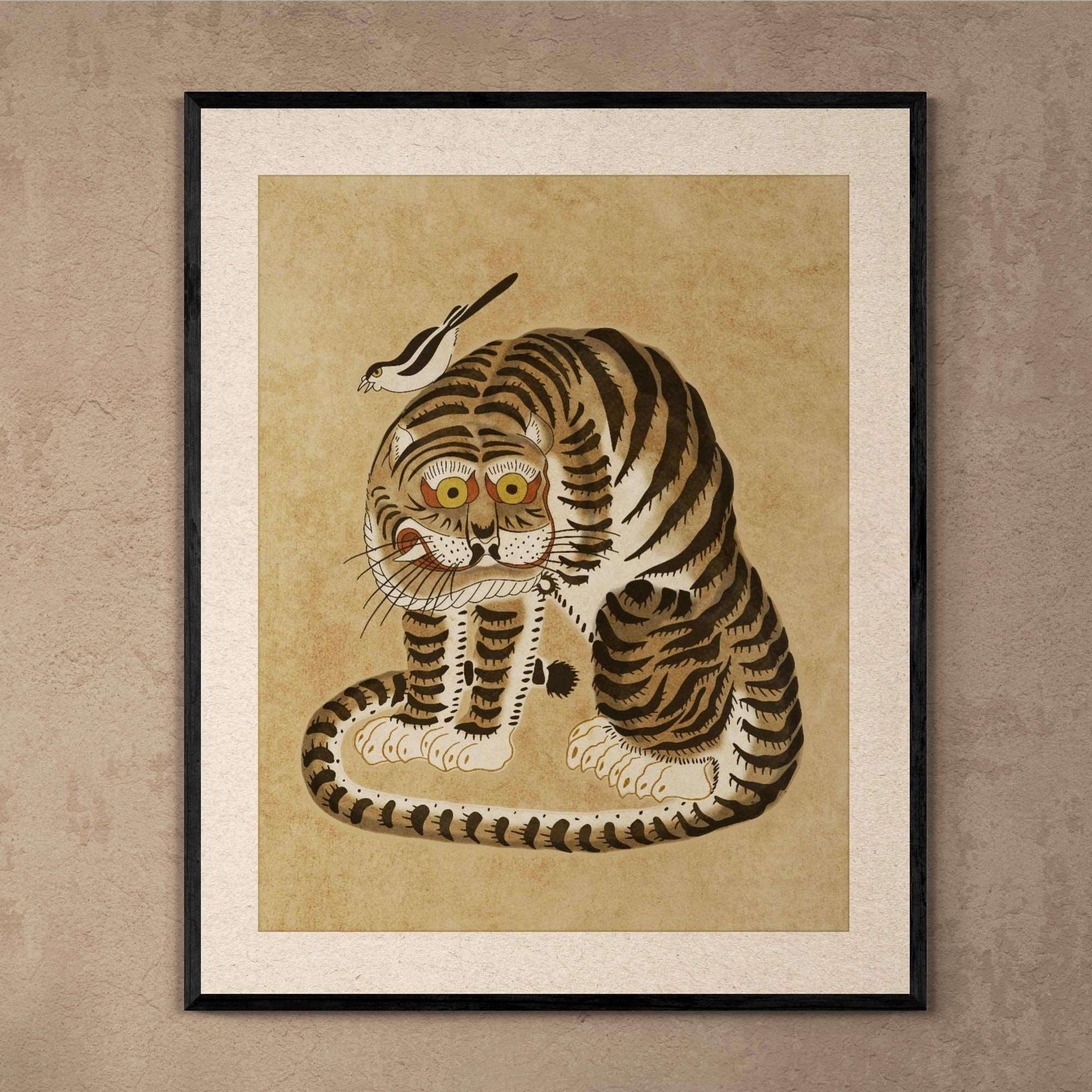 Derpy Framed Tiger and Magpie | Kawai Cute Asian Folk Art Mythology | Korean Minhwa Lion Leopard, Home Boho Decor, Fine Art Framed Print