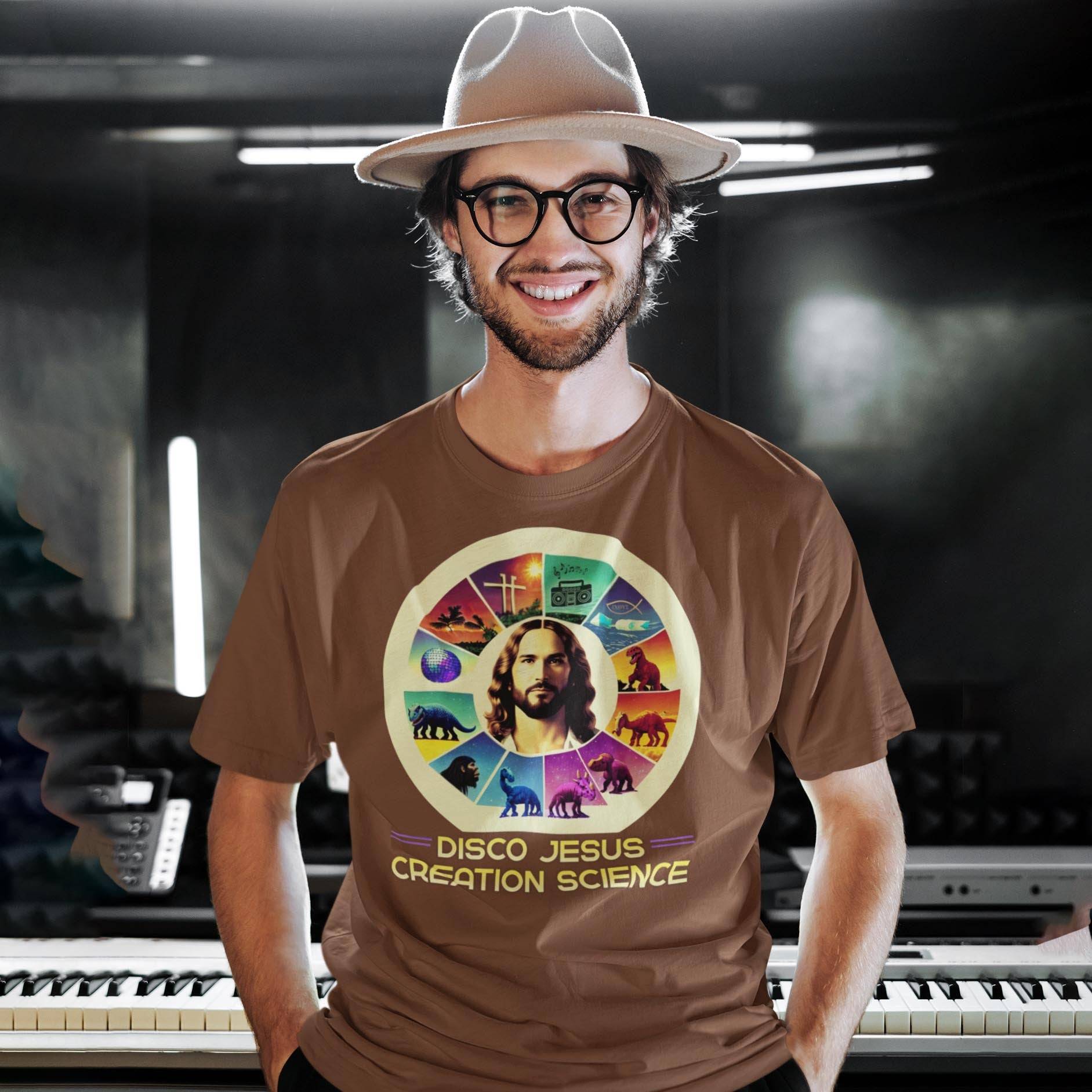 Disco Jesus, Creation Science: Offensive Humor, Anti-Theist, Atheist Tee | Rationalist Evolution Science Art T-Shirt