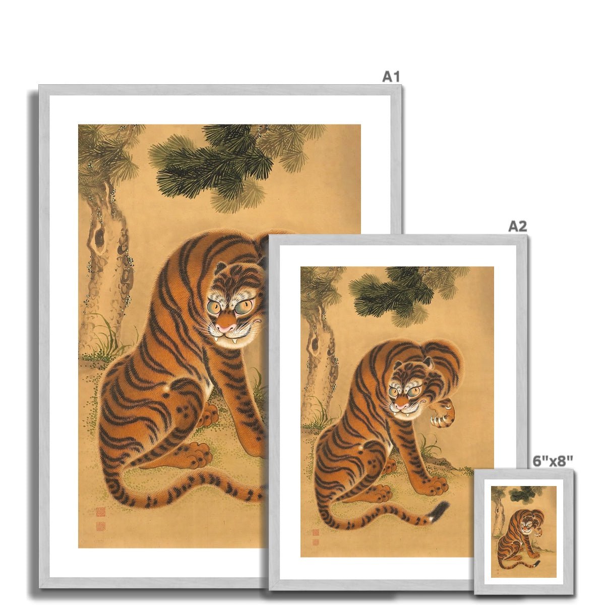 Exquisite Tiger Cleaning its Paw: Japanese Sumi-e Art, Asian Animal Nature Wildlife Jungle Antique Vintage Framed Print - Sacred Surreal