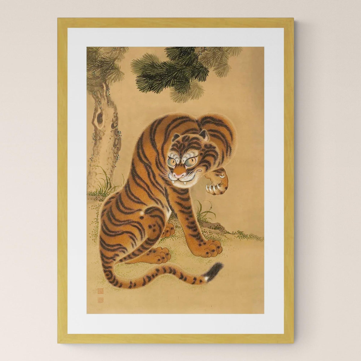 Exquisite Tiger Cleaning its Paw: Japanese Sumi-e Art, Asian Animal Nature Wildlife Jungle Antique Vintage Framed Print - Sacred Surreal
