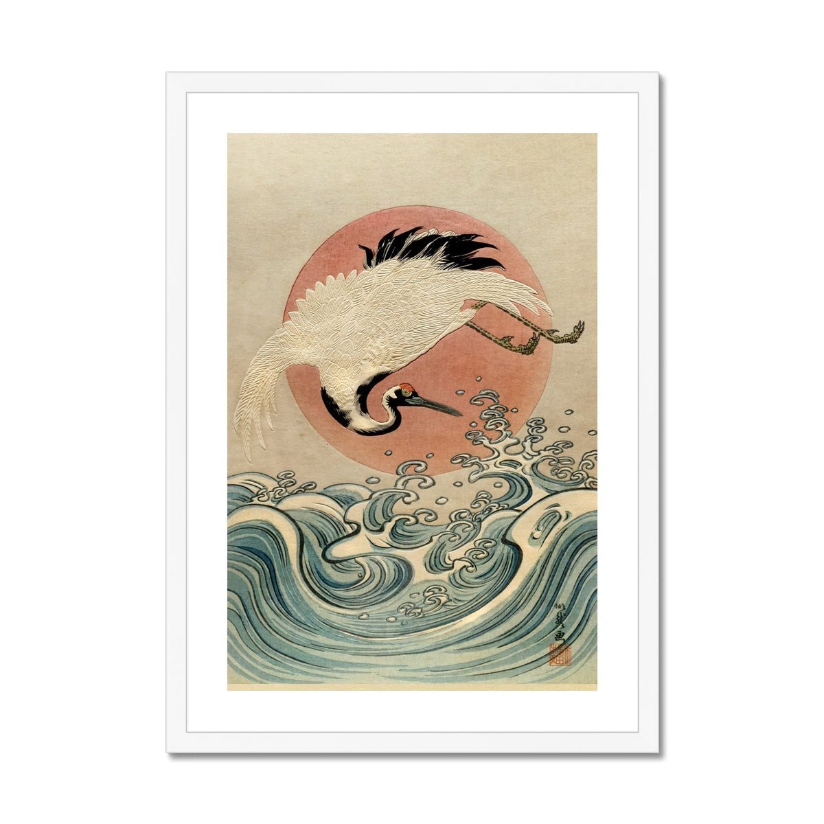 Framed Crane, Waves and Rising Sun (Koryusai) | Japanese Ukiyo-e Woodblock  Edo Vintage Bird Lover Framed Art Print