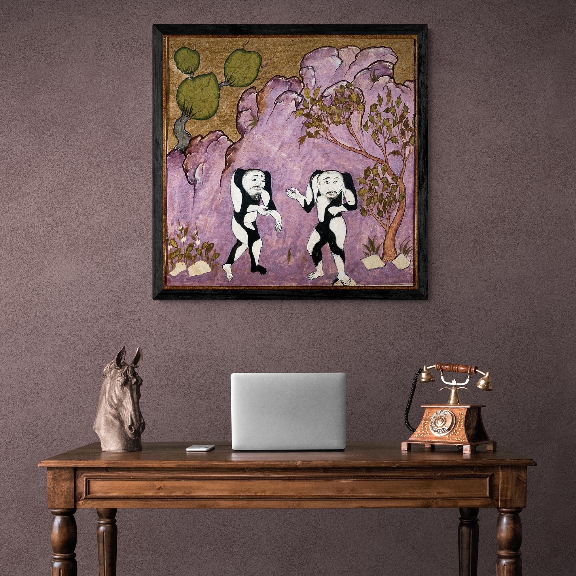 Framed Dance of Duality: Ancient Persian Mythology | Union of Opposites, Zoroastrianism and Taoism | Naive Indigenous Folk Art Framed Fine Art Print