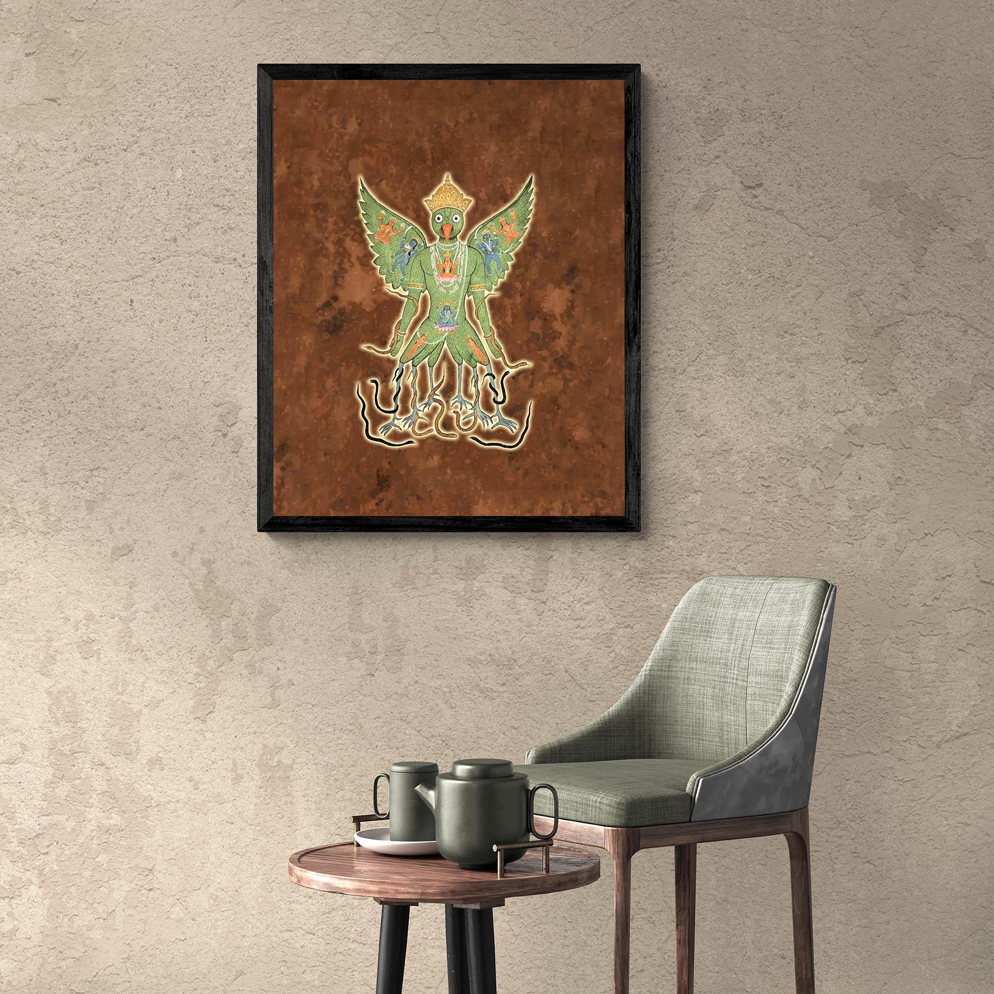 Framed Garuda Tantric Meditation | Vishnu Bird Mount, Hindu Mythology | Ramayana Mahabharata Vintage Framed Art Print