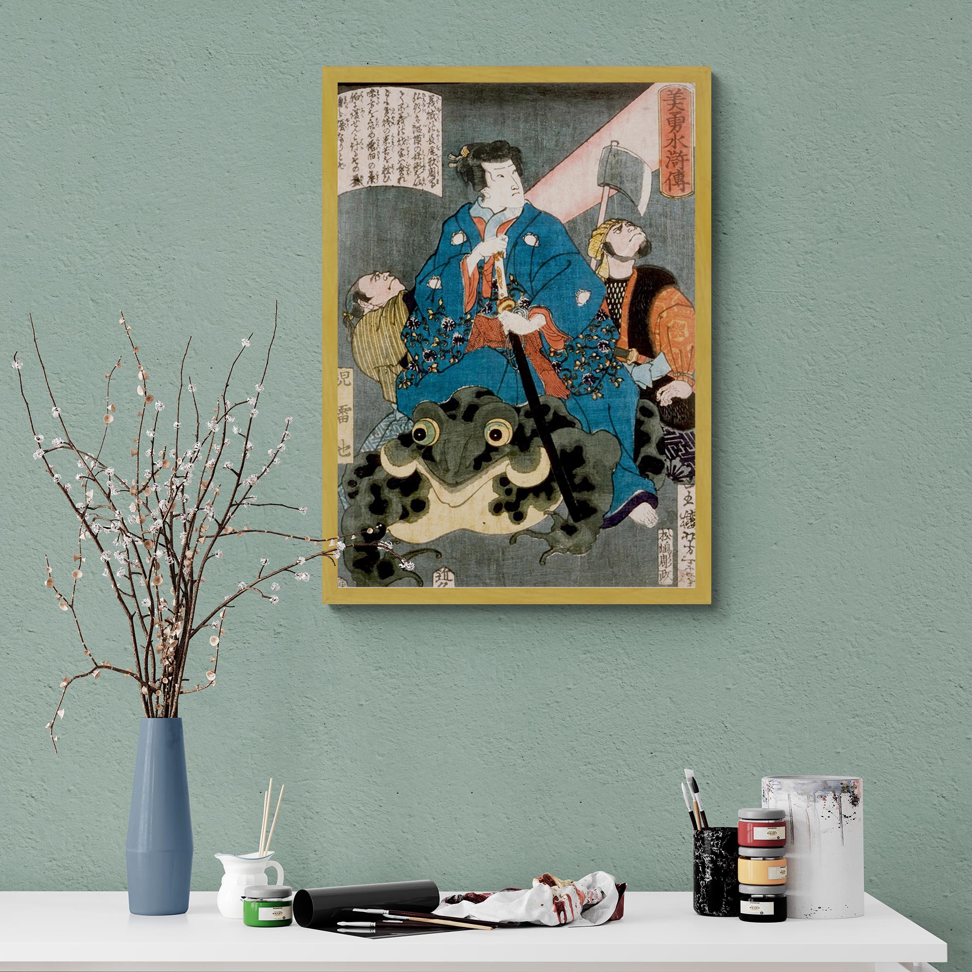 Framed Jiraya Riding a Frog | Tsukioka Yoshitoshi Japanese Edo Sorcerer Ukiyo-e Ninja Warrior Framed Art Print