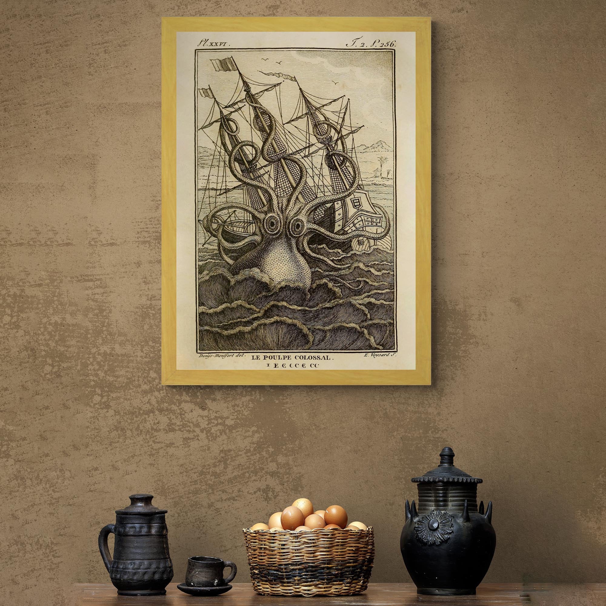 Framed Kraken Sea Monster Attacking Ship | Norse Viking Mythology Giant Squid, Octopus Antique Gold and Silver Framed Fine Art Print - Sacred Surreal