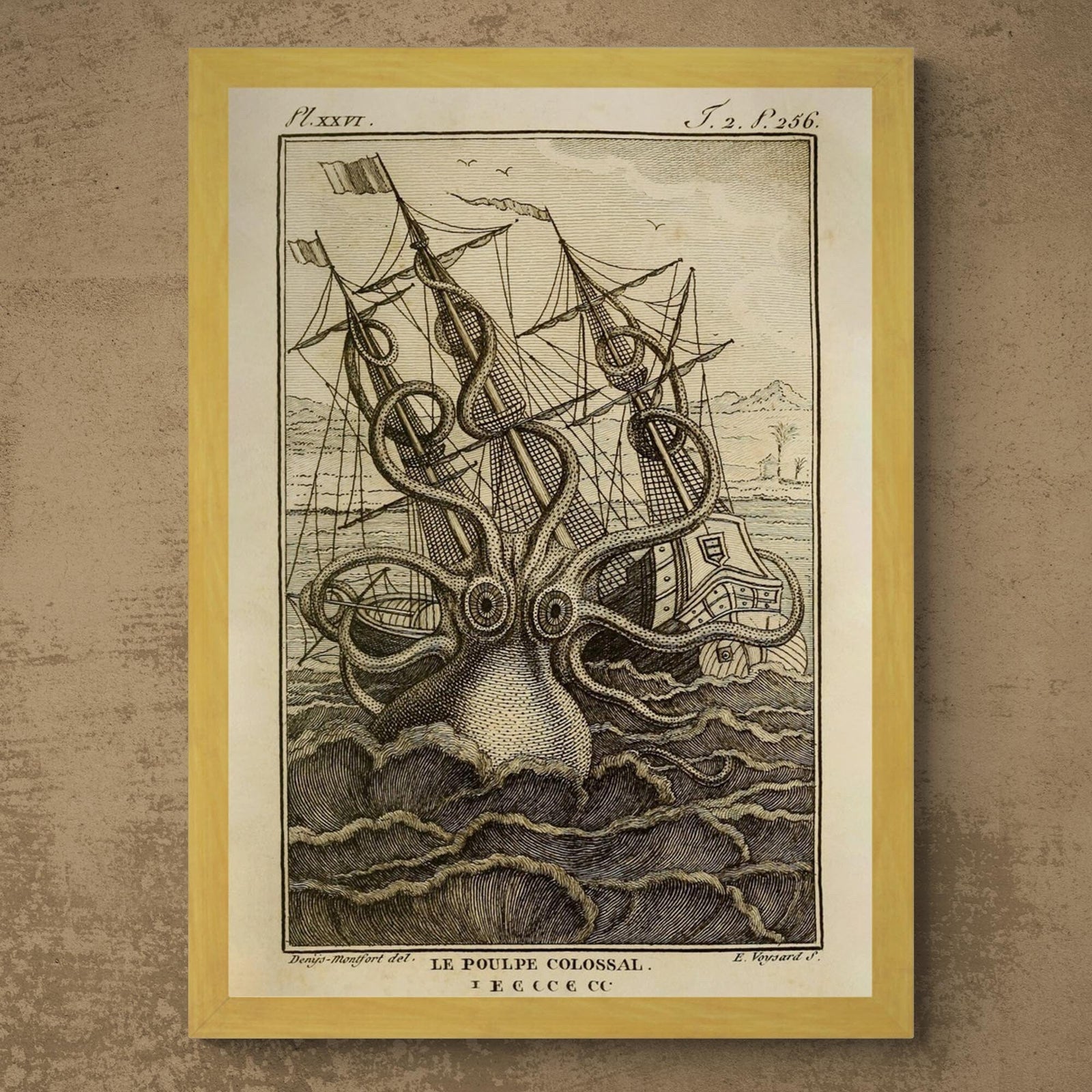 Framed Kraken Sea Monster Attacking Ship | Norse Viking Mythology Giant Squid, Octopus Antique Gold and Silver Framed Fine Art Print