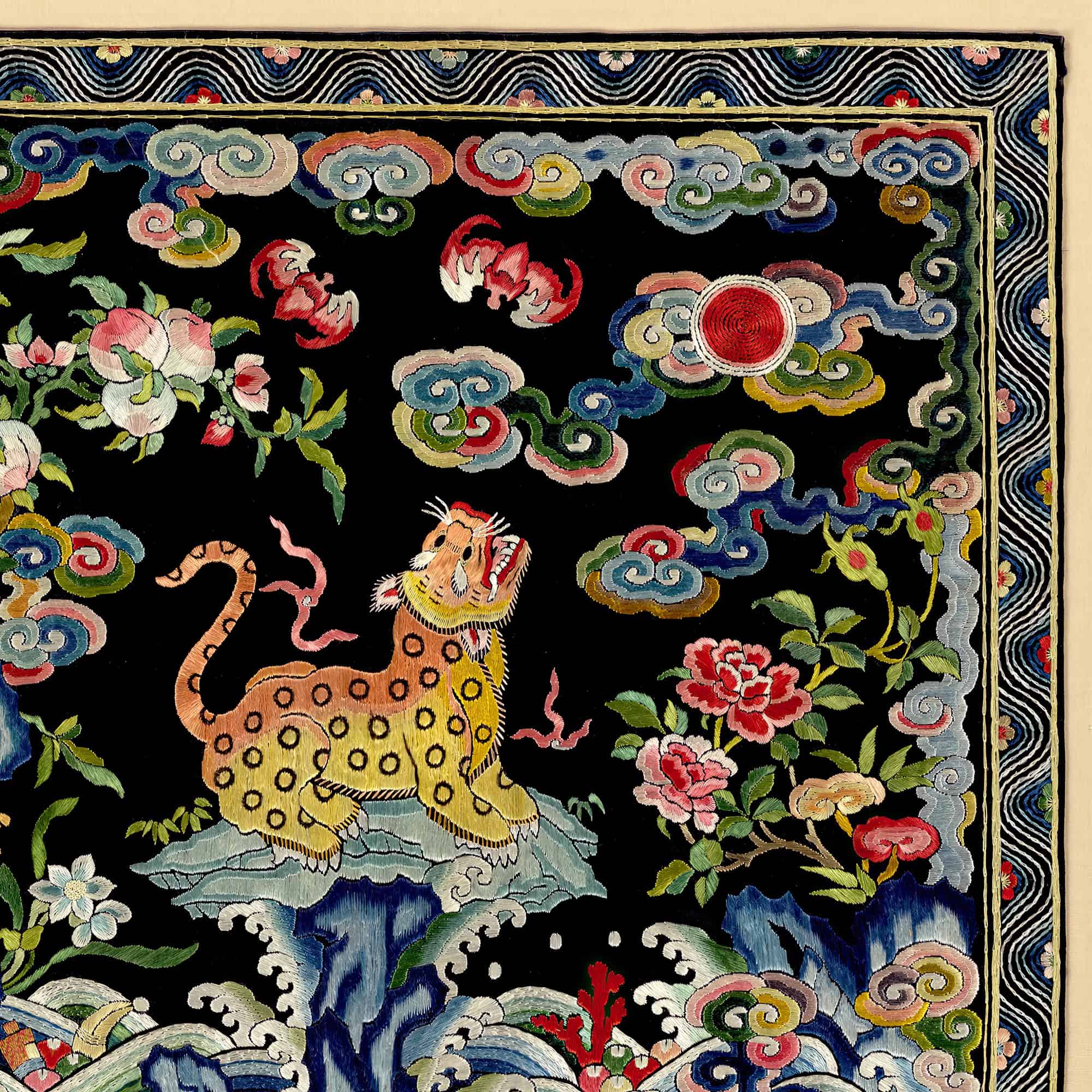 Framed Leopard Qing Dynastic Silk Mandarin Square | Asian Lion, Tiger, Jaguar Vintage Framed Fine Art Print