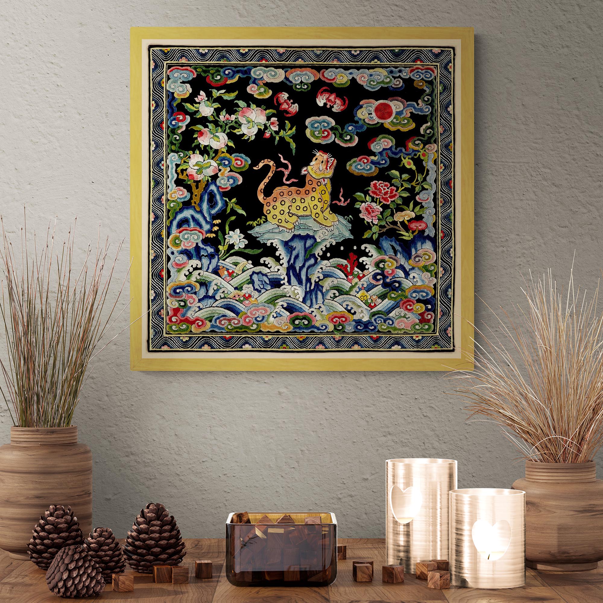 Framed Leopard Qing Dynastic Silk Mandarin Square | Asian Lion, Tiger, Jaguar Vintage Framed Fine Art Print