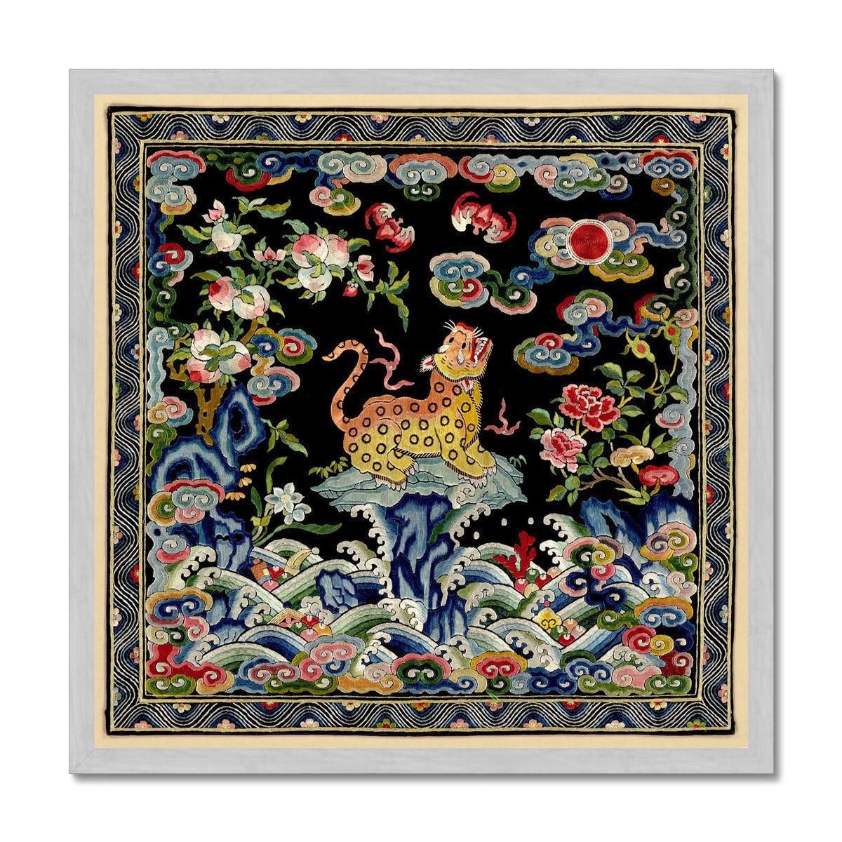 Framed Leopard Qing Dynastic Silk Mandarin Square | Asian Lion, Tiger, Jaguar Vintage Framed Fine Art Print