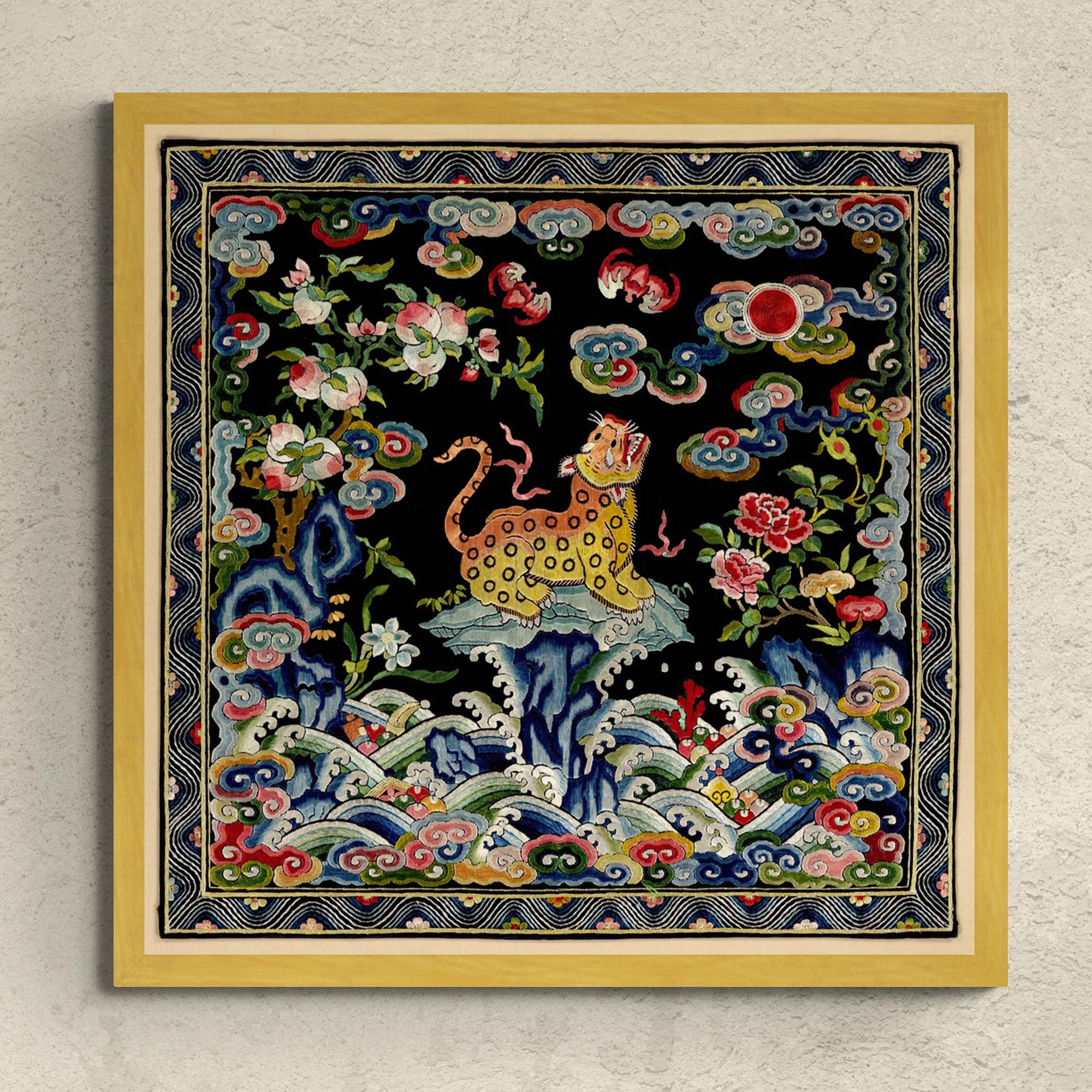 Framed Leopard Qing Dynastic Silk Mandarin Square | Asian Lion, Tiger, Jaguar Vintage Framed Fine Art Print