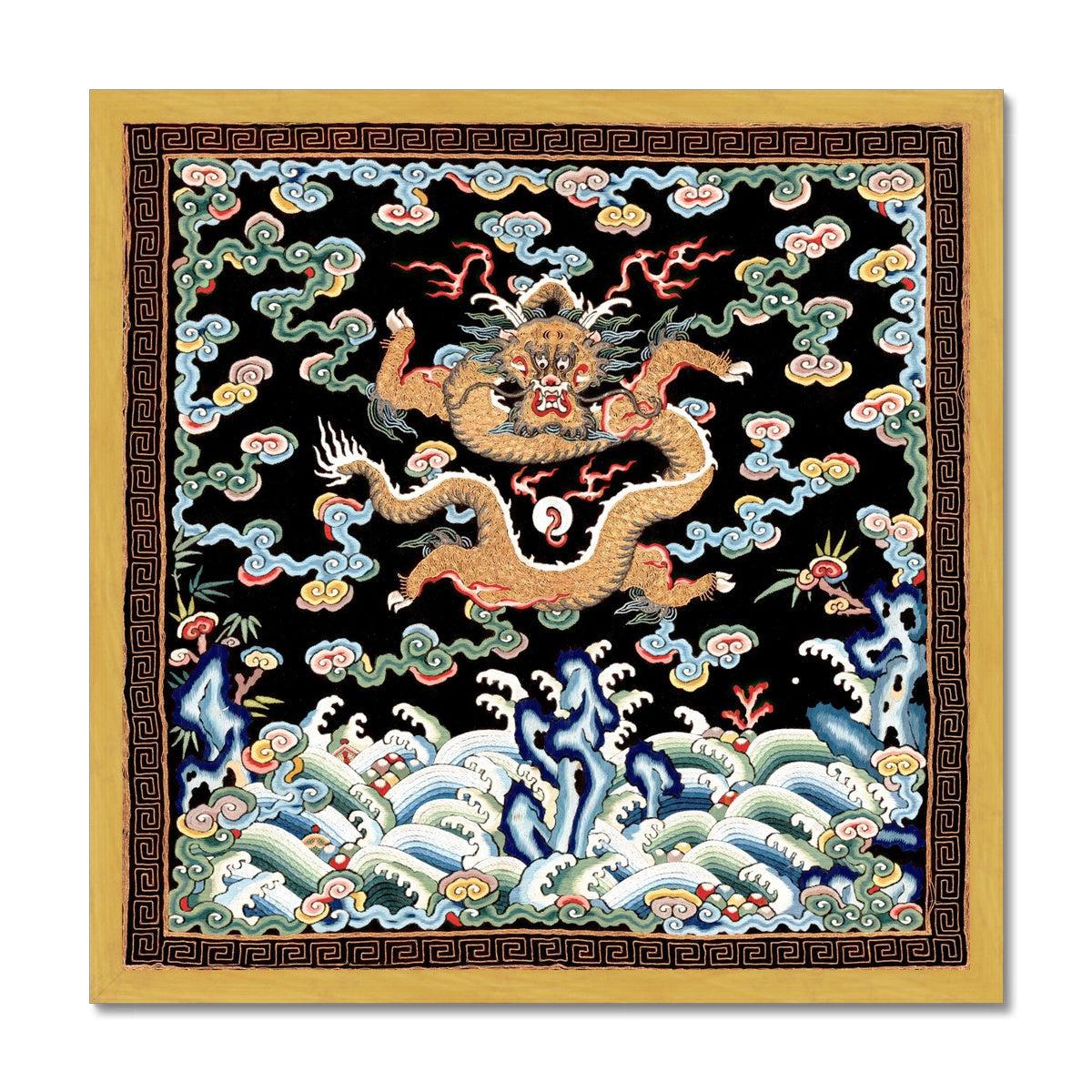 Framed Qing Dragon Chinese Silk Embroidered Folk Art Design | Mandarin Square Antique Asian Framed Art Print