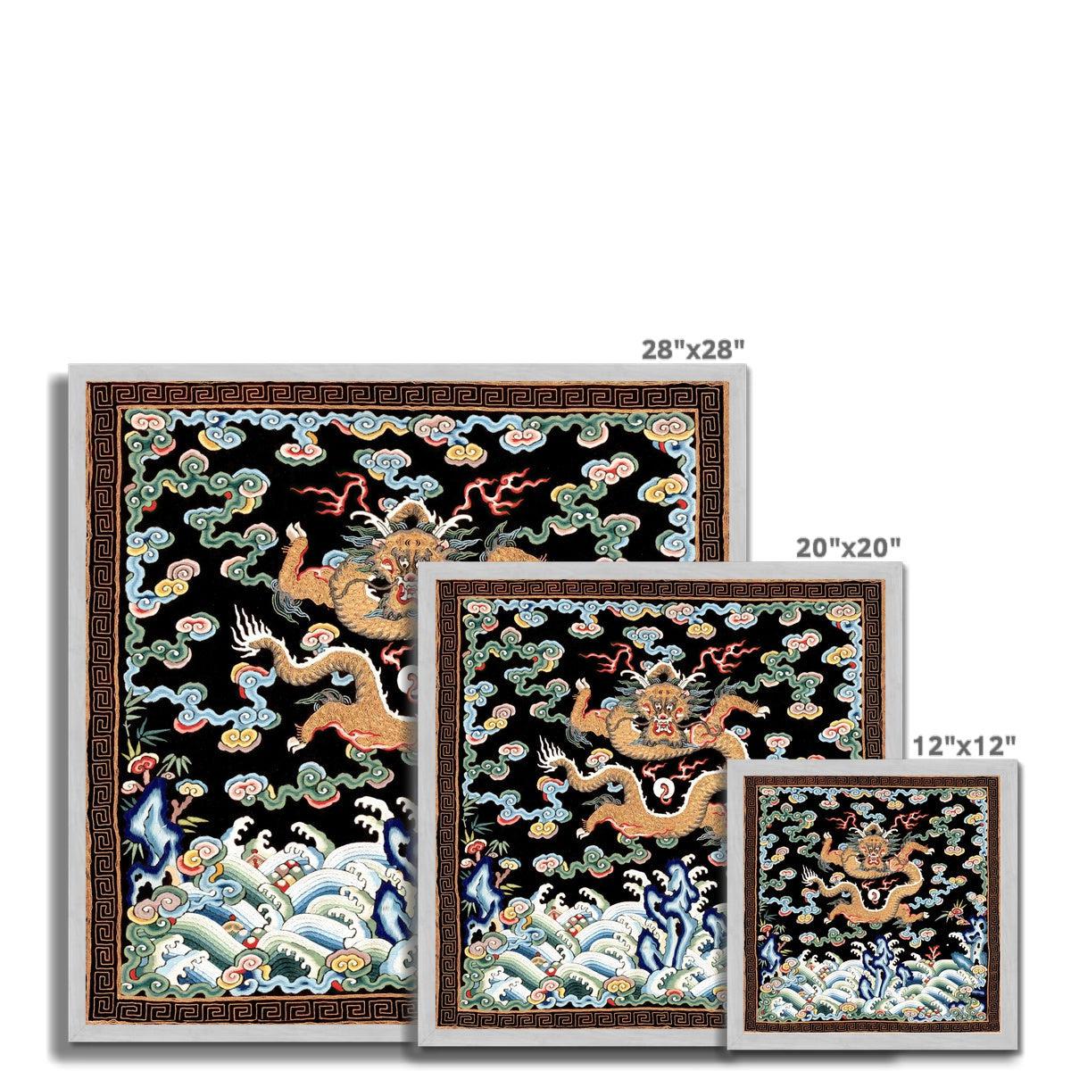 Framed Qing Dragon Chinese Silk Embroidered Folk Art Design | Mandarin Square Antique Asian Framed Art Print