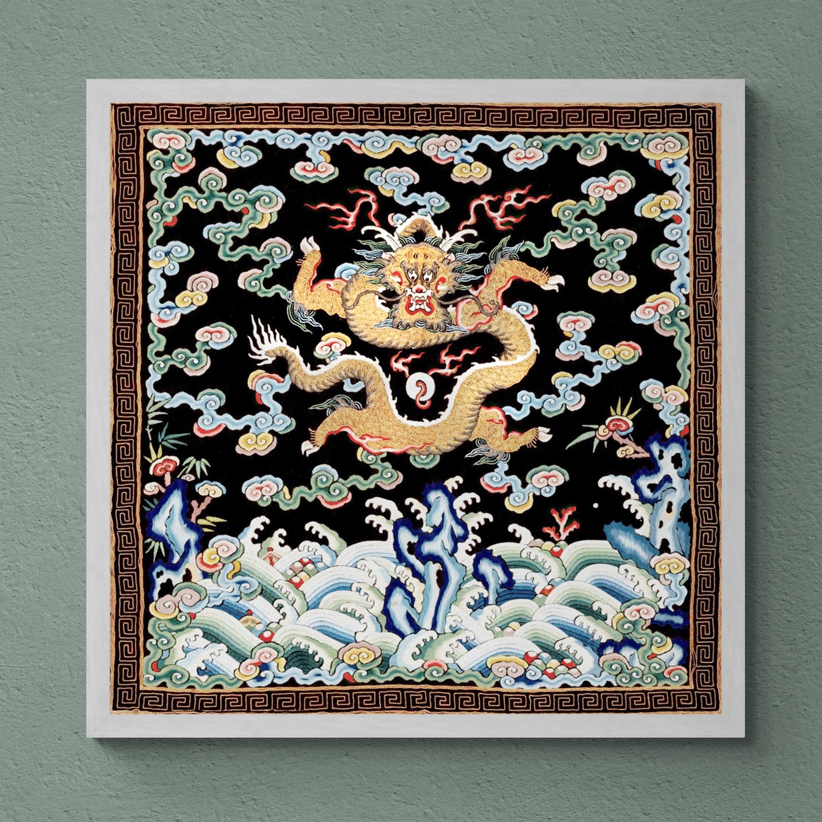 Framed Qing Dragon Chinese Silk Embroidered Folk Art Design | Mandarin Square Antique Asian Framed Art Print