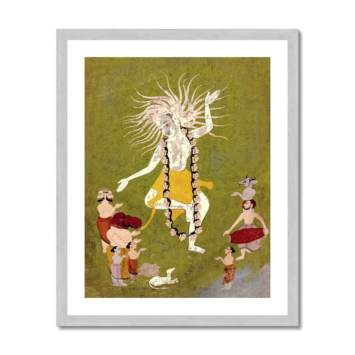 Framed Shiva in His Ferocious Aspect as Mahakala Dancing | Yoga Decor | Indian Folk Art | Hindu Sacred Antique Gold Giclee Framed Art Print