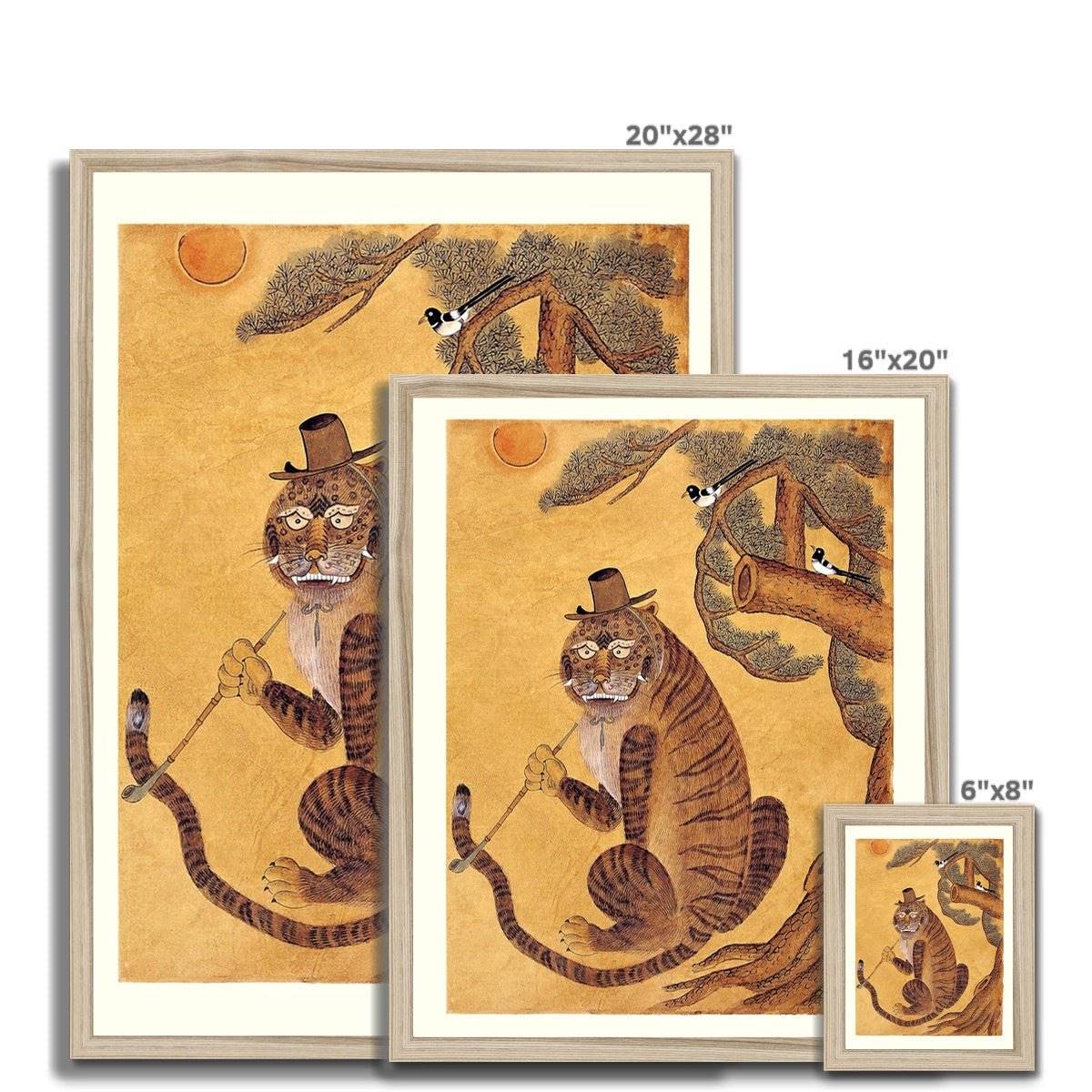 Framed Tiger Smoking a Pipe, with Magpies | Korean Minhwa Folk Art Mythology | 420, Cannabis, Hashish | Kawaii Cute Framed Print