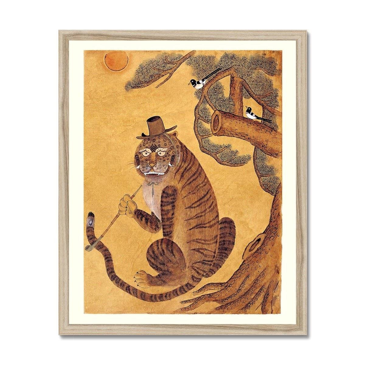 Framed Tiger Smoking a Pipe, with Magpies | Korean Minhwa Folk Art Mythology | 420, Cannabis, Hashish | Kawaii Cute Framed Print