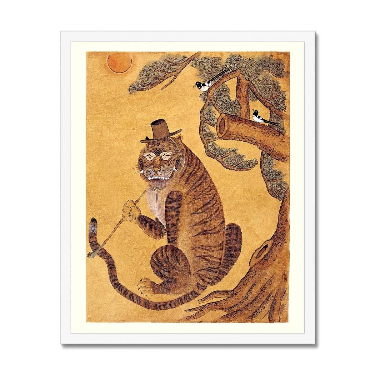 Framed Tiger Smoking a Pipe, with Magpies | Korean Minhwa Folk Art Mythology | 420, Cannabis, Hashish | Kawaii Cute Framed Print