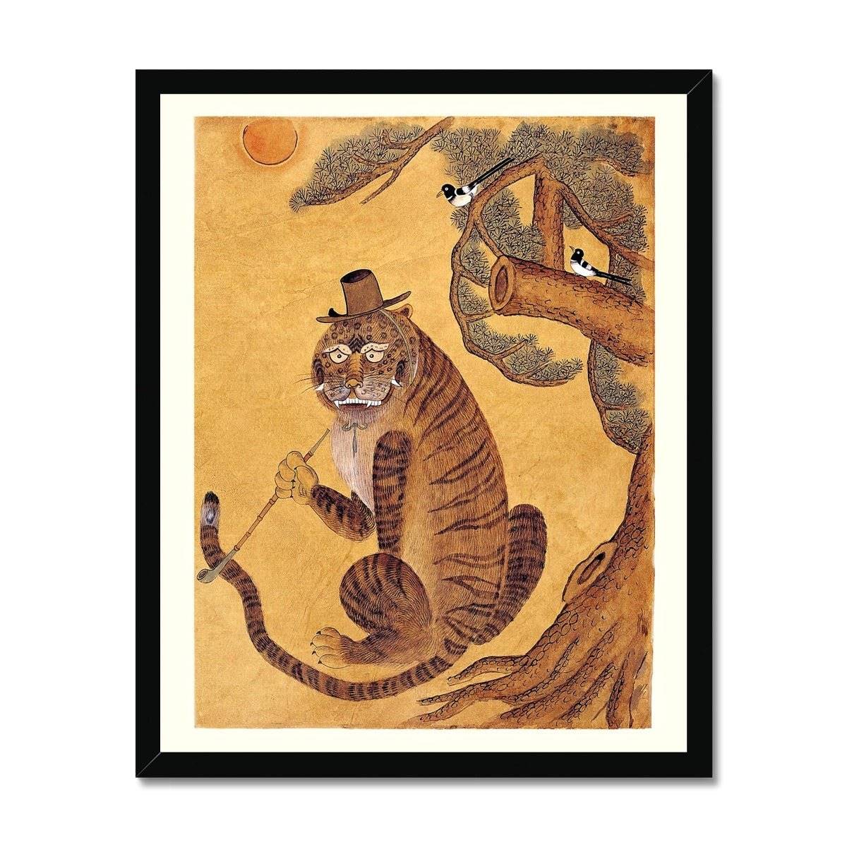 Framed Tiger Smoking a Pipe, with Magpies | Korean Minhwa Folk Art Mythology | 420, Cannabis, Hashish | Kawaii Cute Framed Print