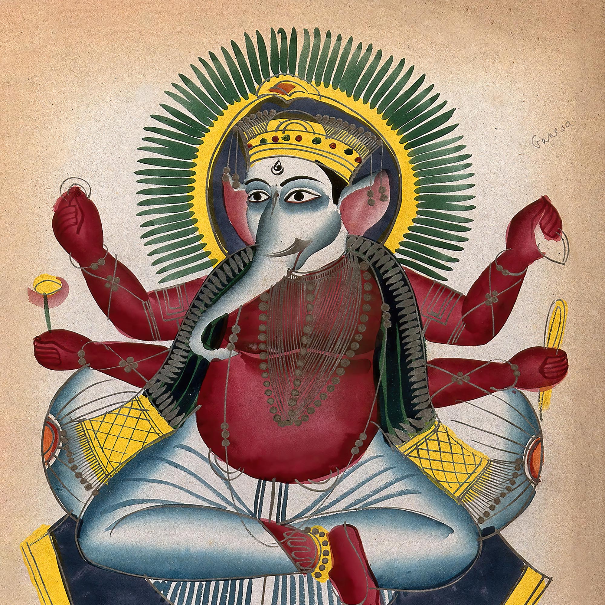 Ganesha Kalighat 19th Century Painting | Ganapati Wisdom Indian Hindu God | Remover of Obstacles | Elephant Deity Fine Art Print