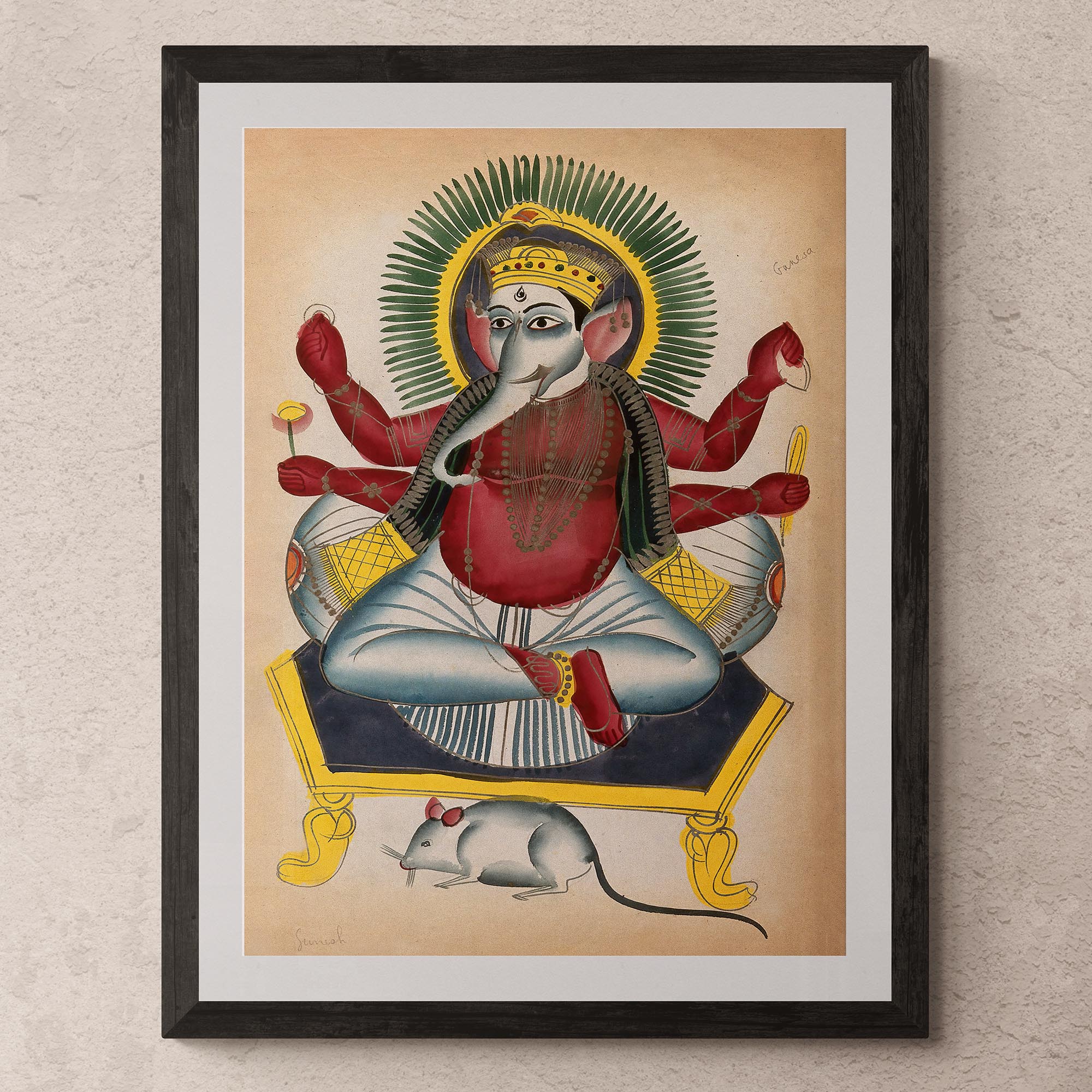 Ganesha Kalighat 19th Century Painting | Ganapati Wisdom Indian Hindu God | Remover of Obstacles | Elephant Deity Fine Art Print