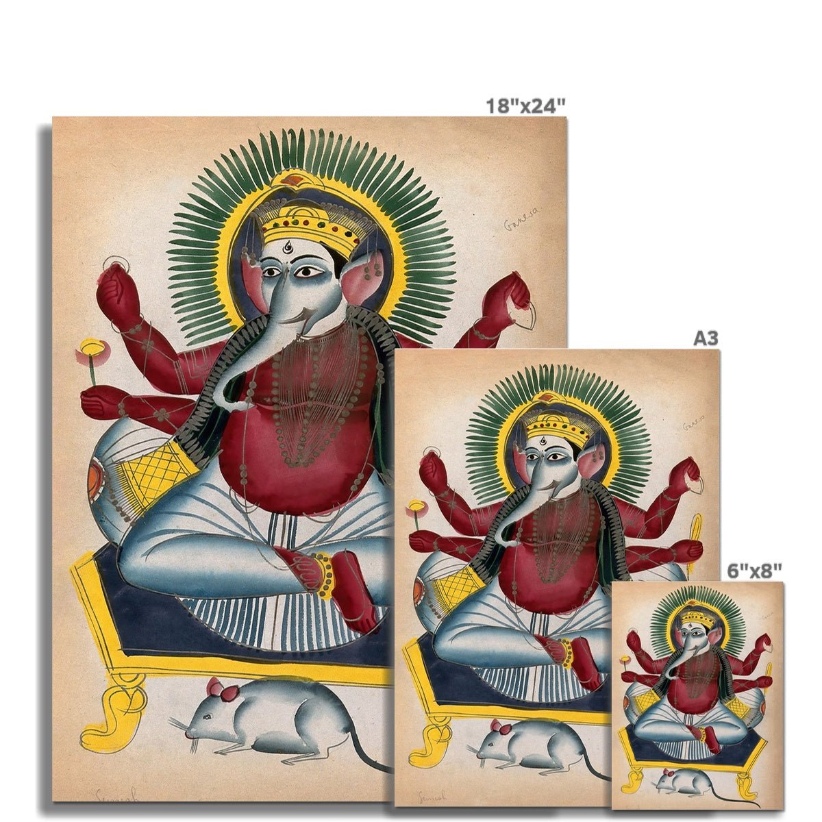 Ganesha Kalighat 19th Century Painting | Ganapati Wisdom Indian Hindu God | Remover of Obstacles | Elephant Deity Fine Art Print