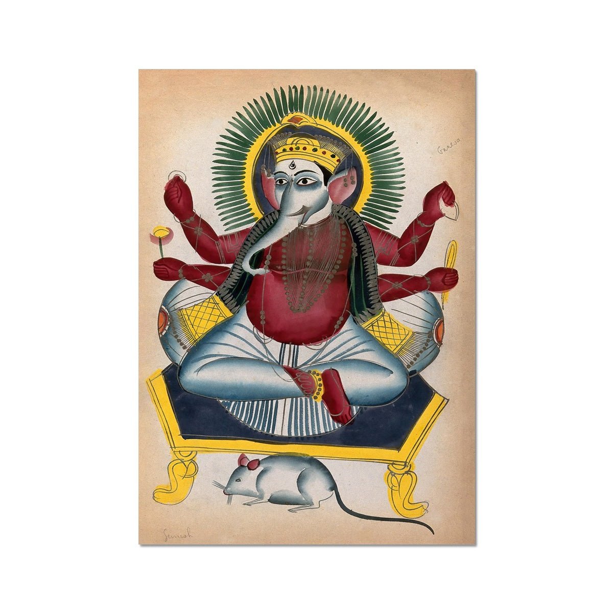 Ganesha Kalighat 19th Century Painting | Ganapati Wisdom Indian Hindu God | Remover of Obstacles | Elephant Deity Fine Art Print