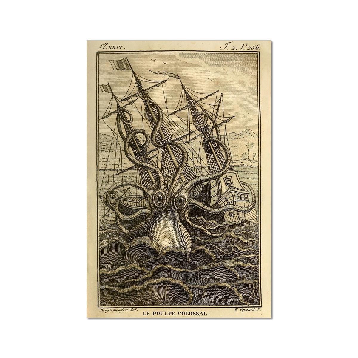Fine art 12"x18" Giant Squid Octopus Print, Kraken Sea Monster, Man Cave, Nautical Decor Vintage Fine Art Print