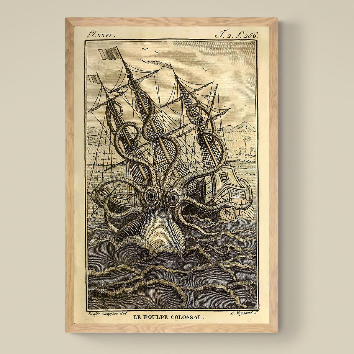 Fine art Giant Squid Octopus Print, Kraken Sea Monster, Man Cave, Nautical Decor Vintage Fine Art Print