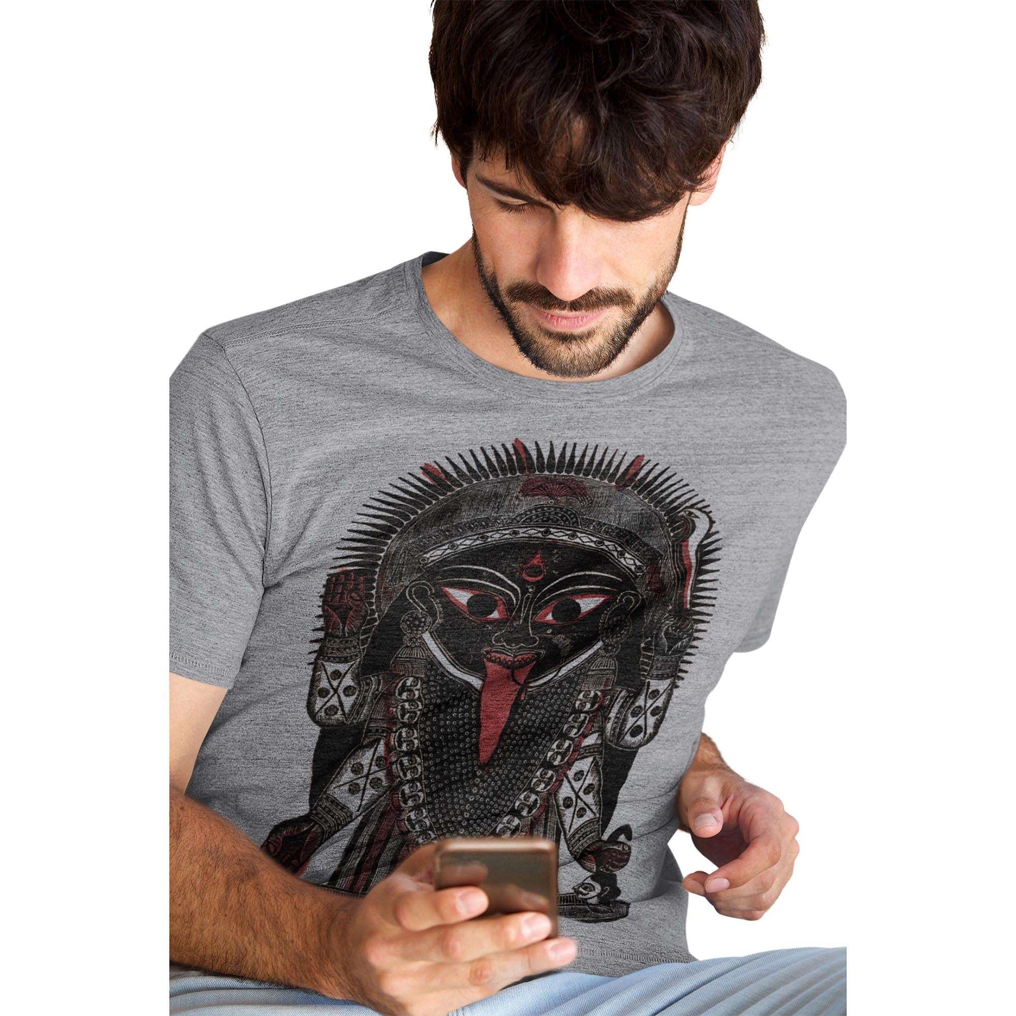 Goddess Kali Antique Kalighat Indian Woodcut Print | Folk Art Skull Graphic Art T-Shirt Tee - Sacred Surreal
