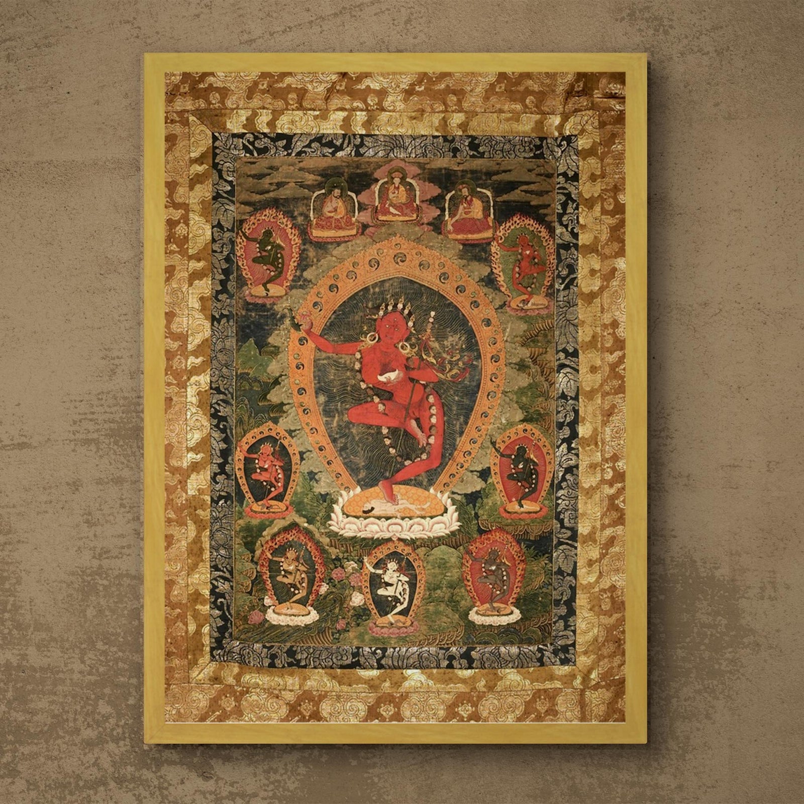 Gold Framed Vajravarahi Thangka, Tibetan Buddhism Fierce Female Deity (Dakini ), Ancient Bhutanese Framed Art Print